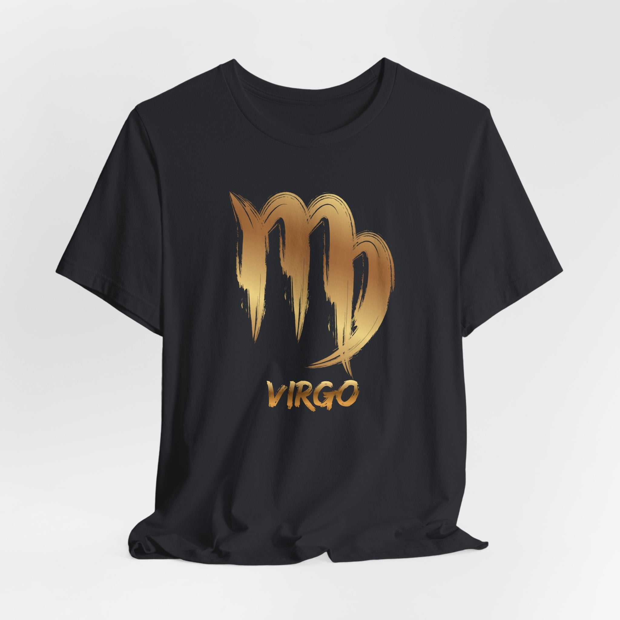 Black t-shirt with gold Virgo zodiac sign design on a white background