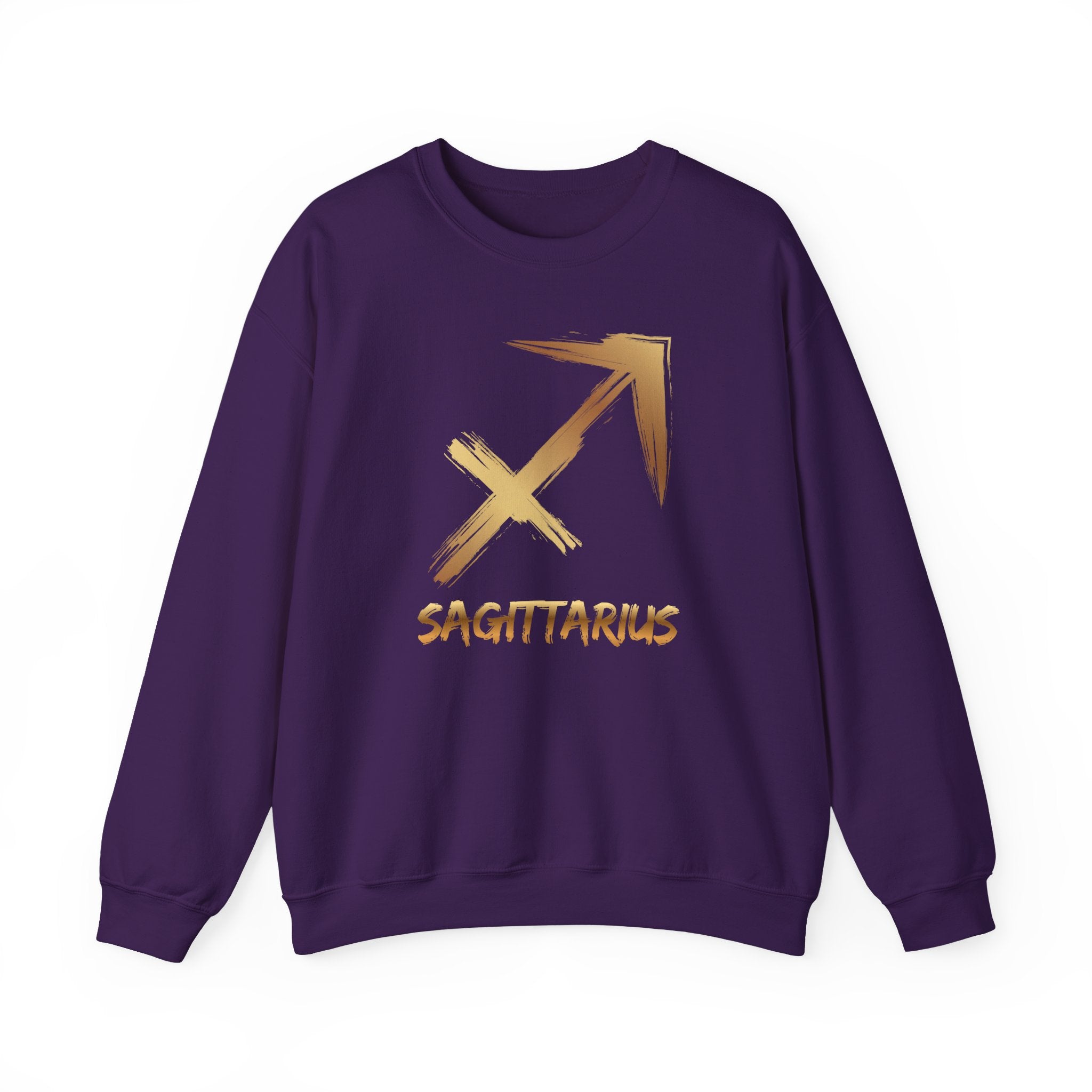 Purple sweatshirt with gold Sagittarius symbol on a white background