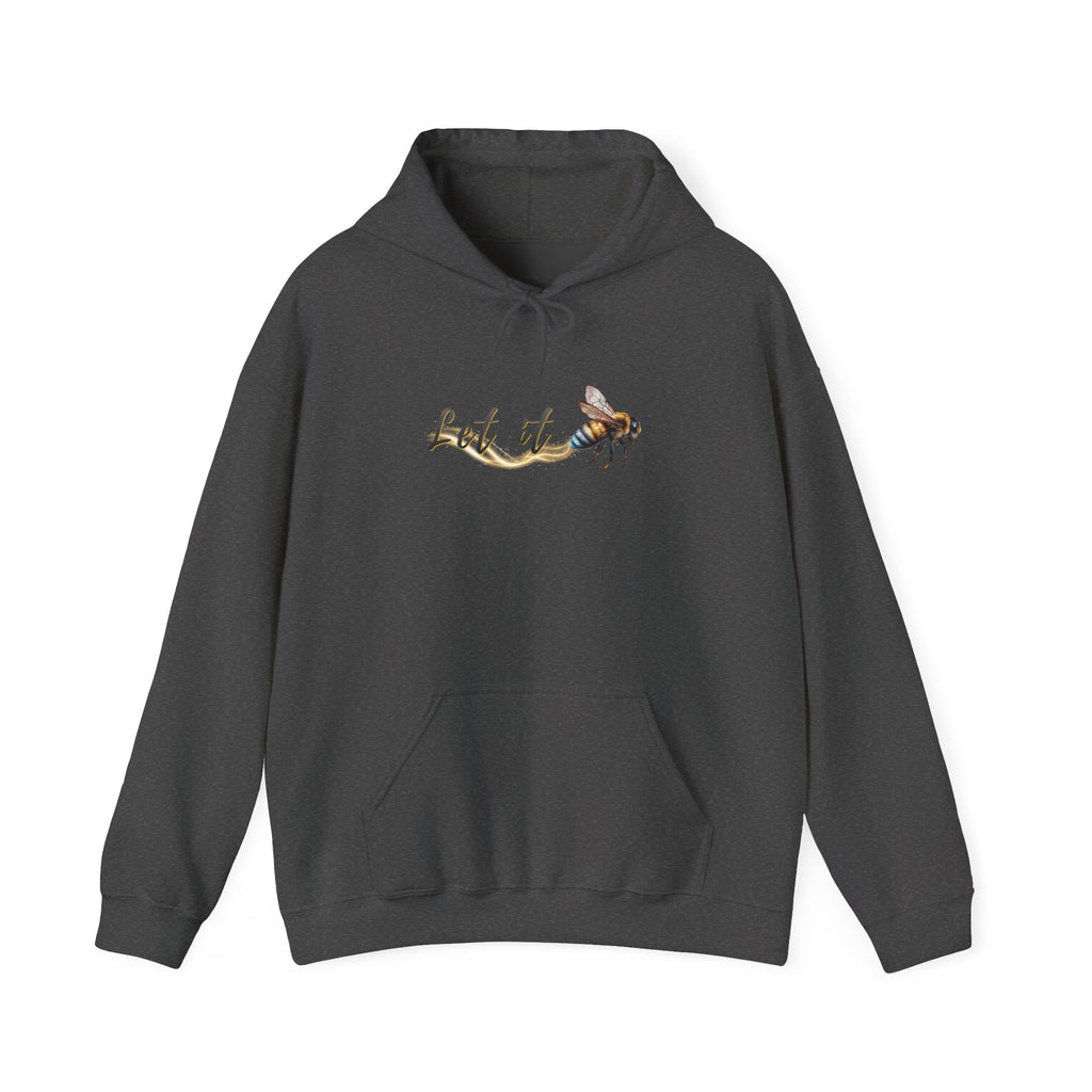 Dark gray hoodie with a bee and 'Let it' text design on a white background