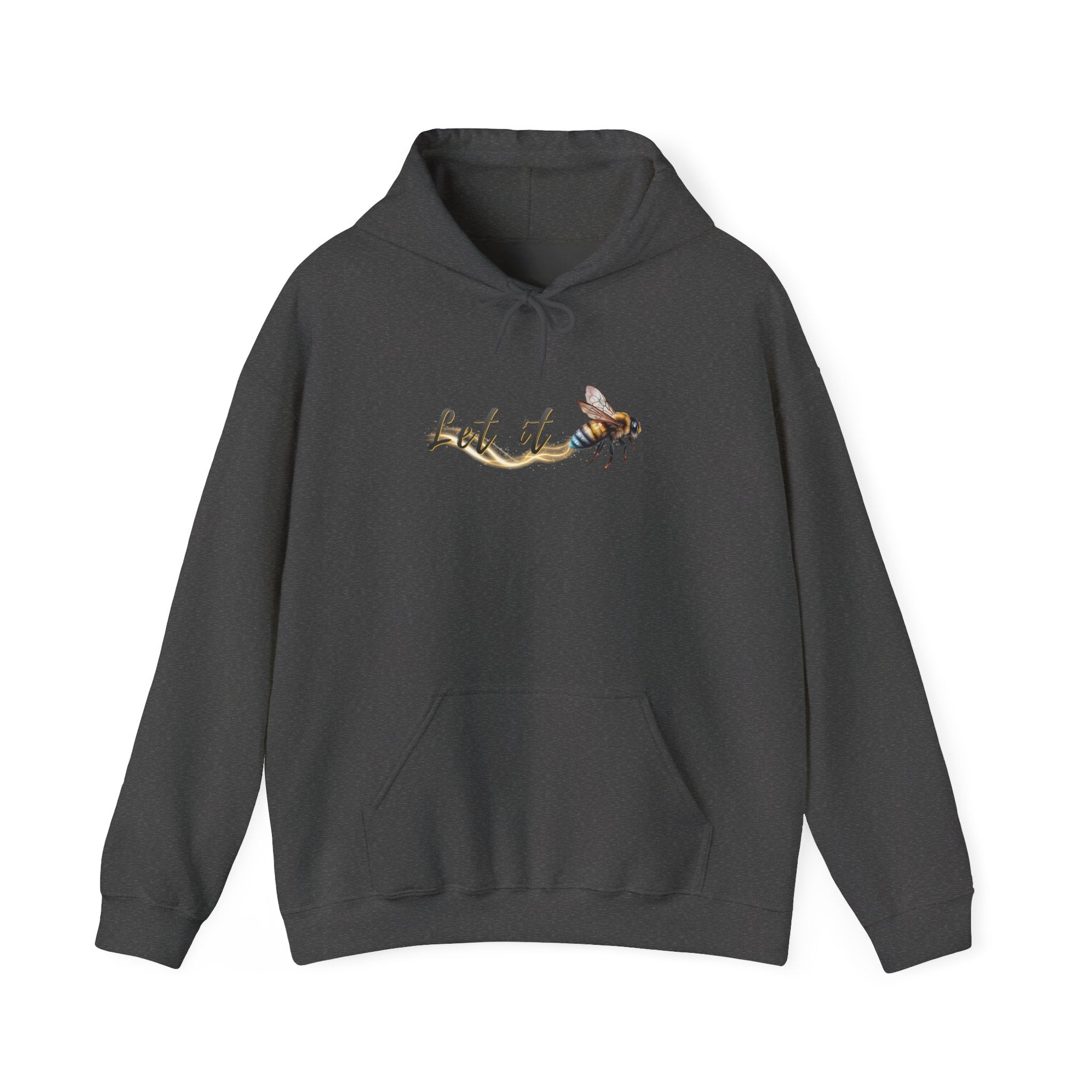Dark gray hoodie with a bee and 'Let it' text design on a white background