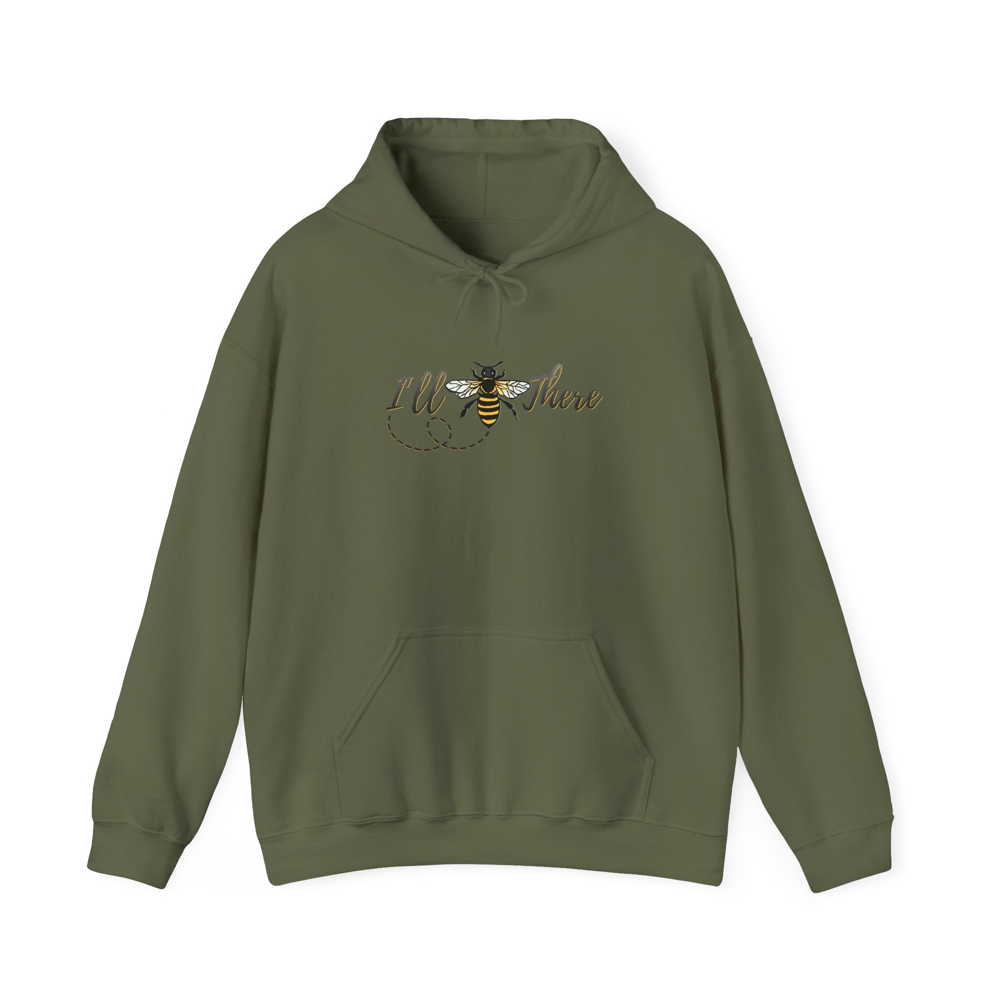 Military green hoodie with a bee and text  design on a white background