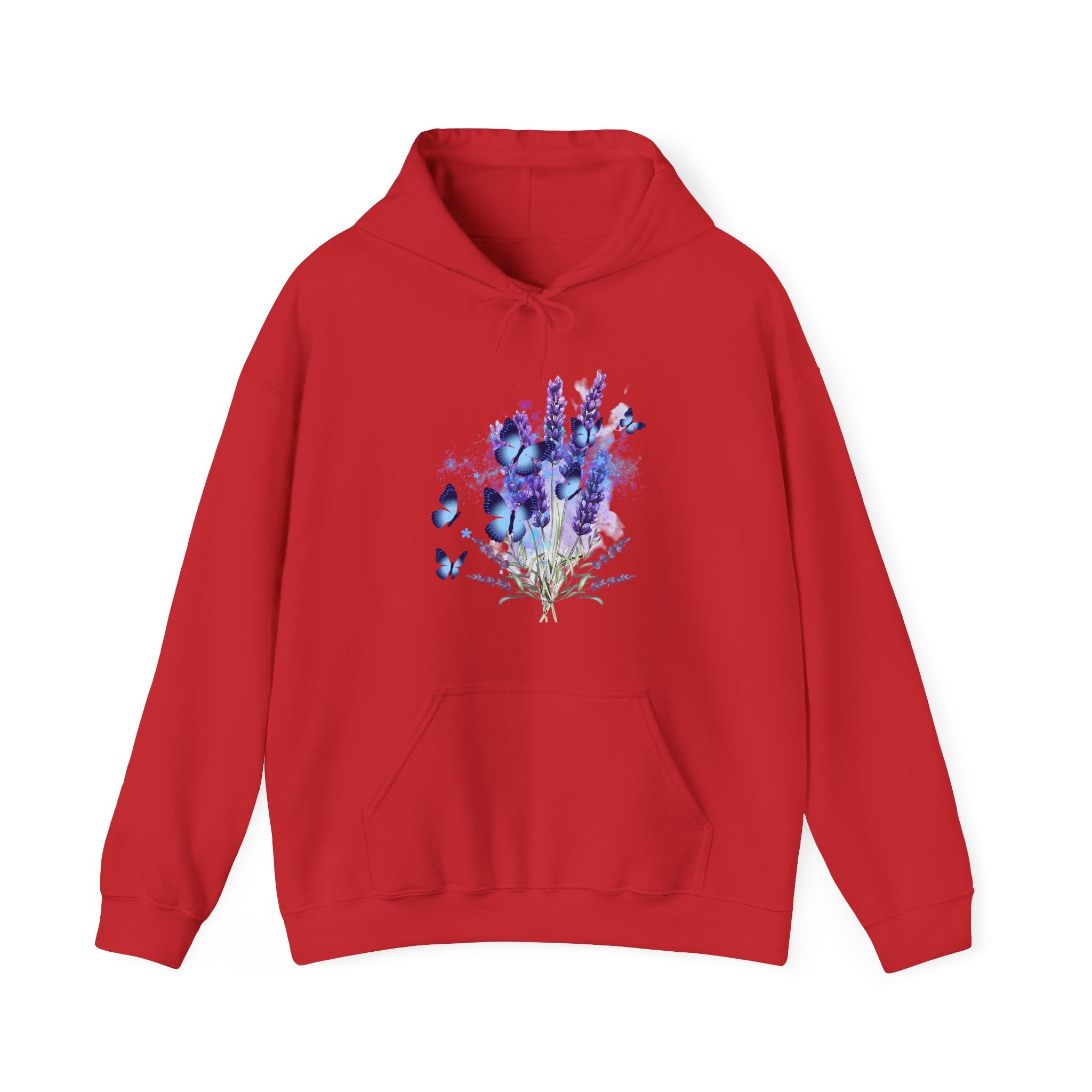 Red hoodie with a floral design on a white background