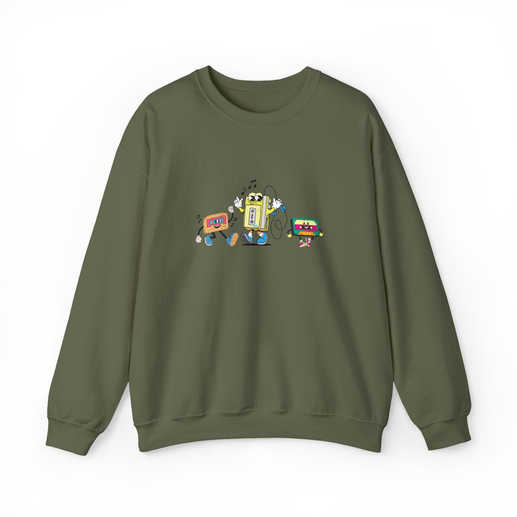 Green sweatshirt with a colorful graphic on a white background