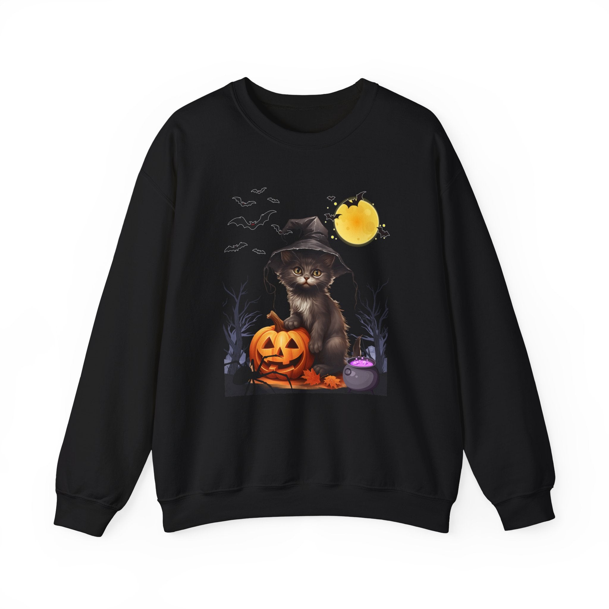 Black sweatshirt with a Halloween-themed design featuring a cat and pumpkin on a white background