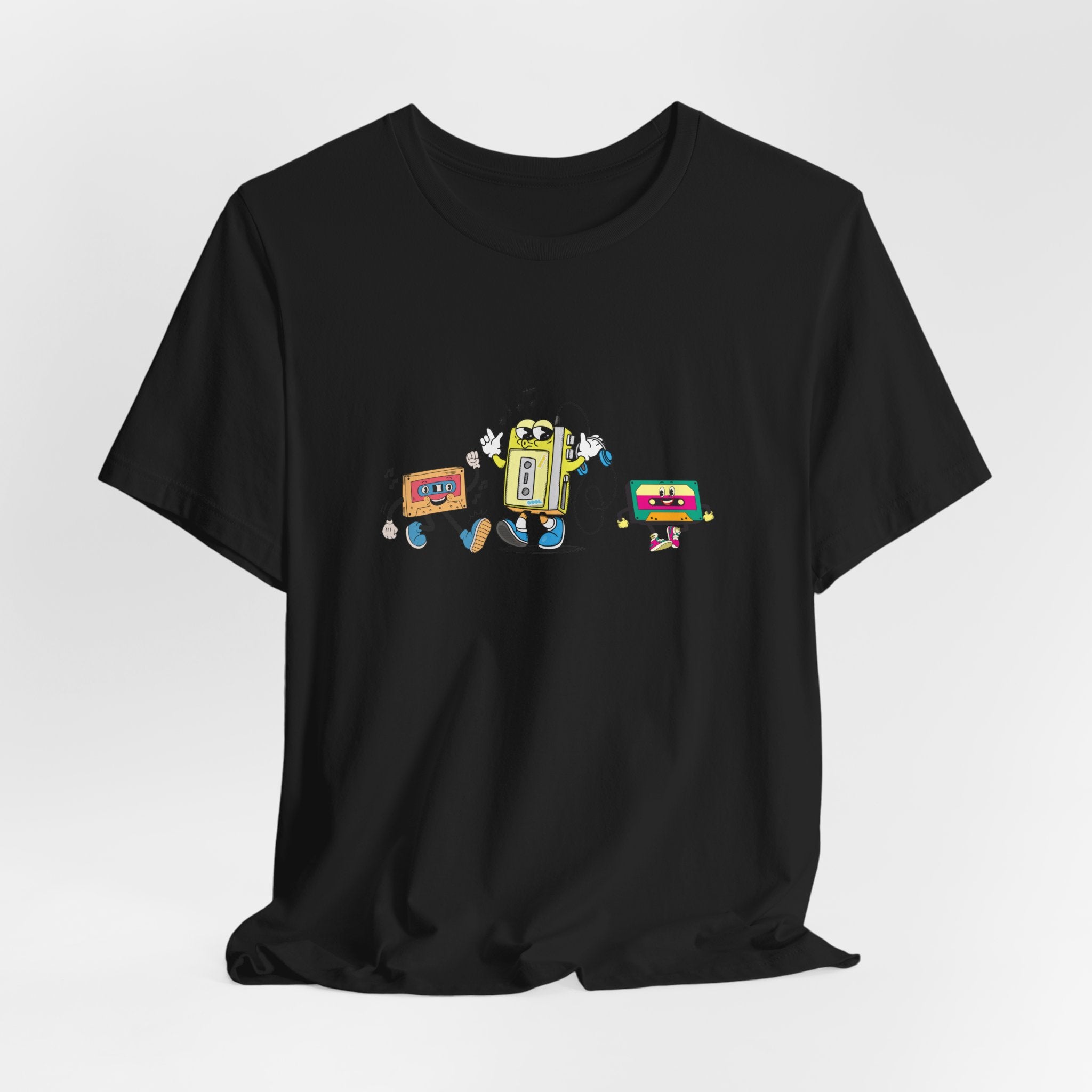Black t-shirt with a colorful robot graphic on a white background