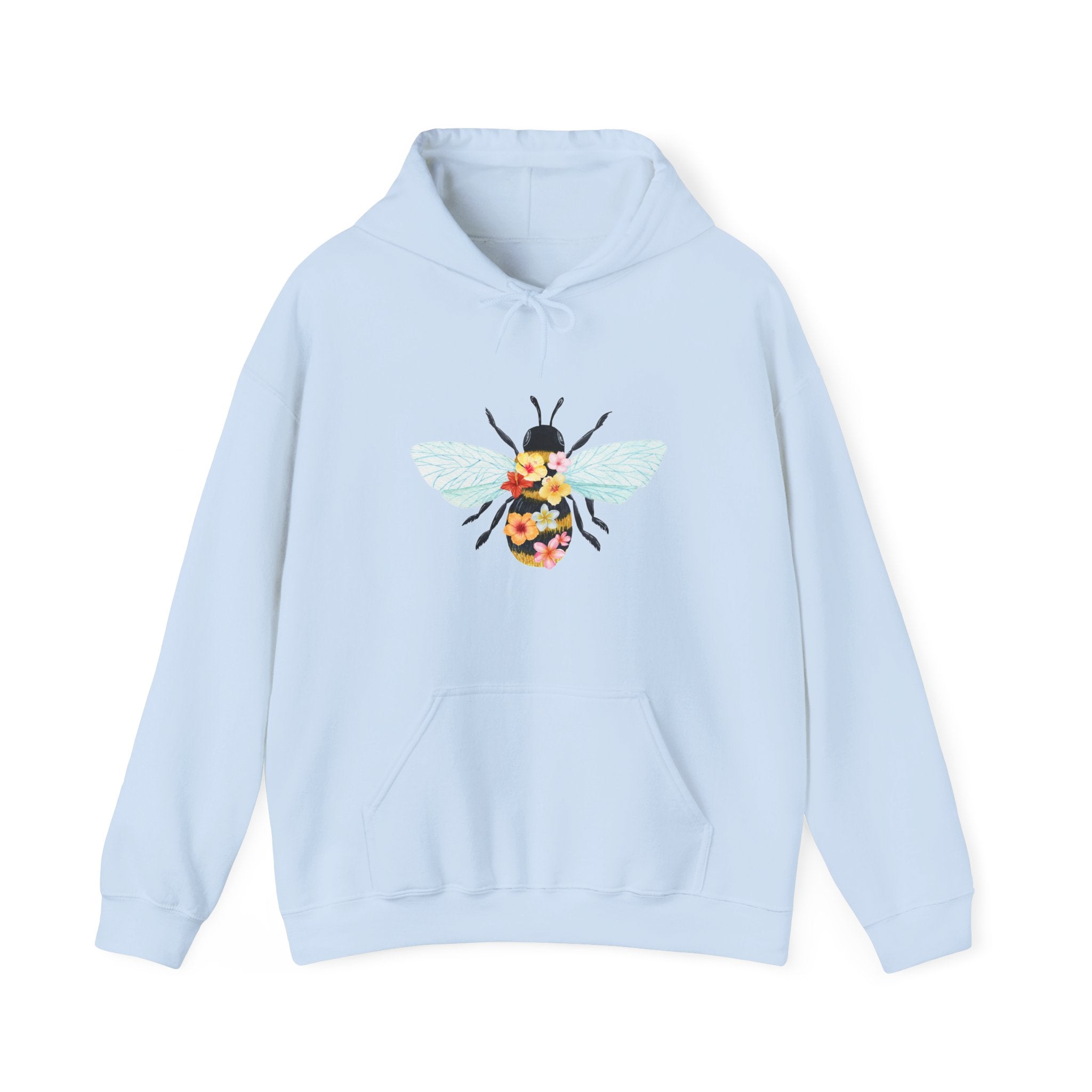 Light blue hoodie with a bee design on a white background