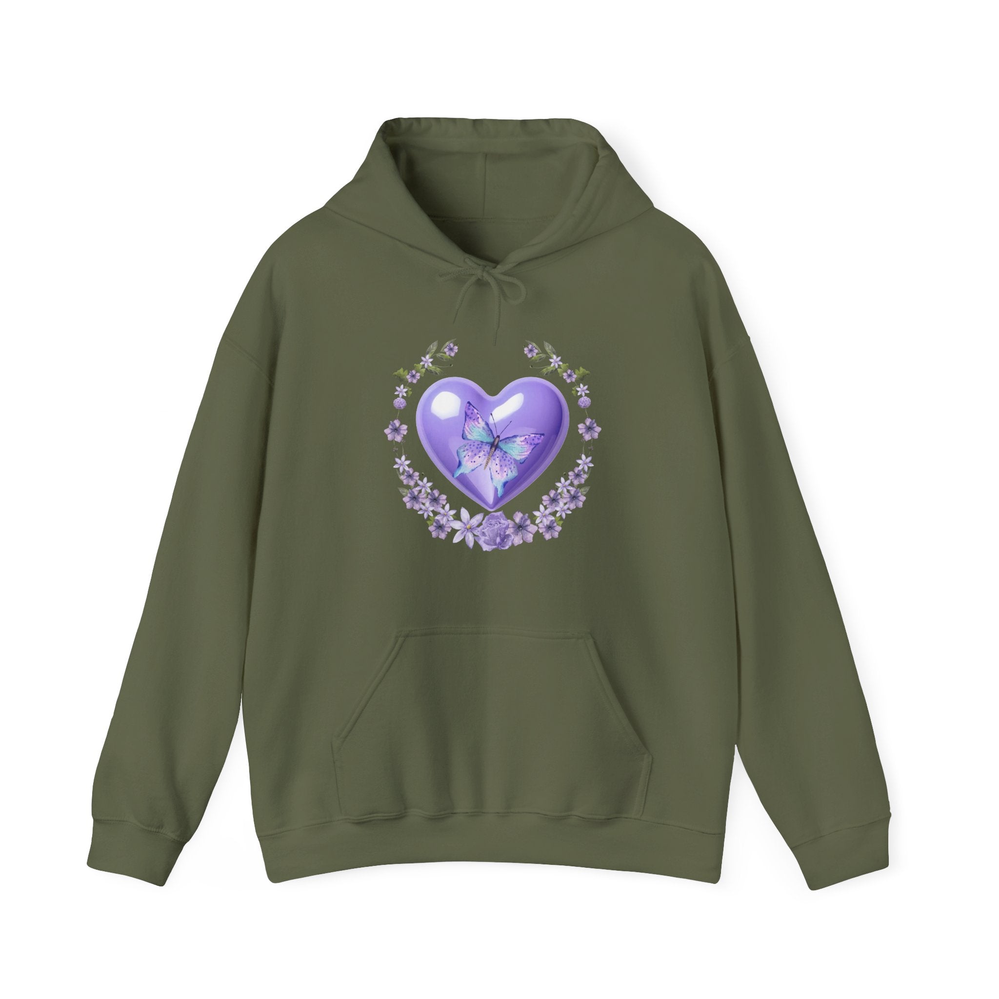 Military green hoodie with a purple heart design on a white background