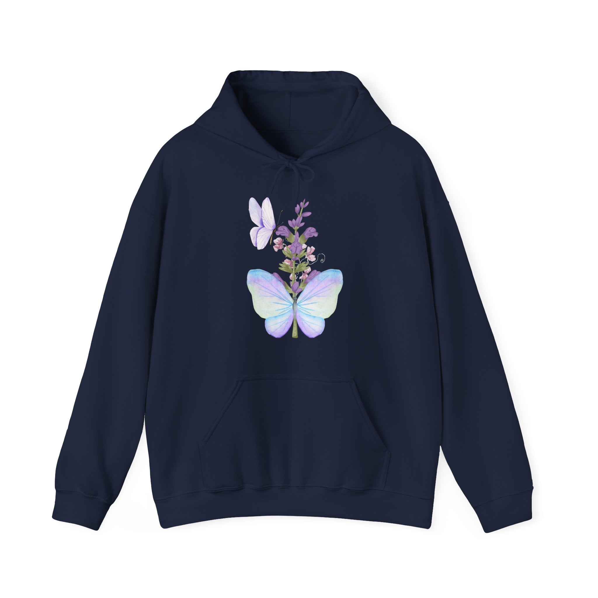 Navy blue hoodie with a butterfly and floral design on a white background