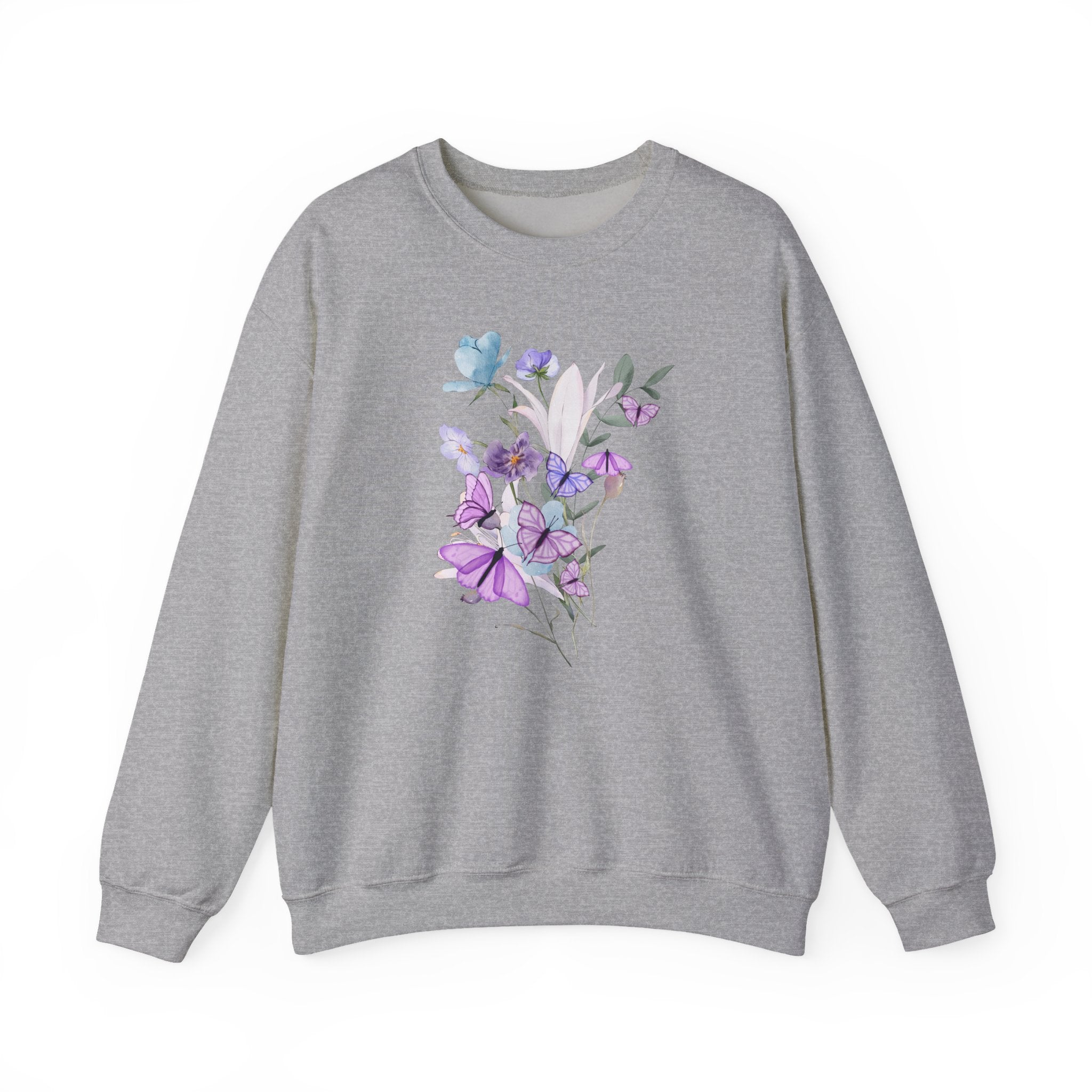 Gray sweatshirt with floral design on a white background