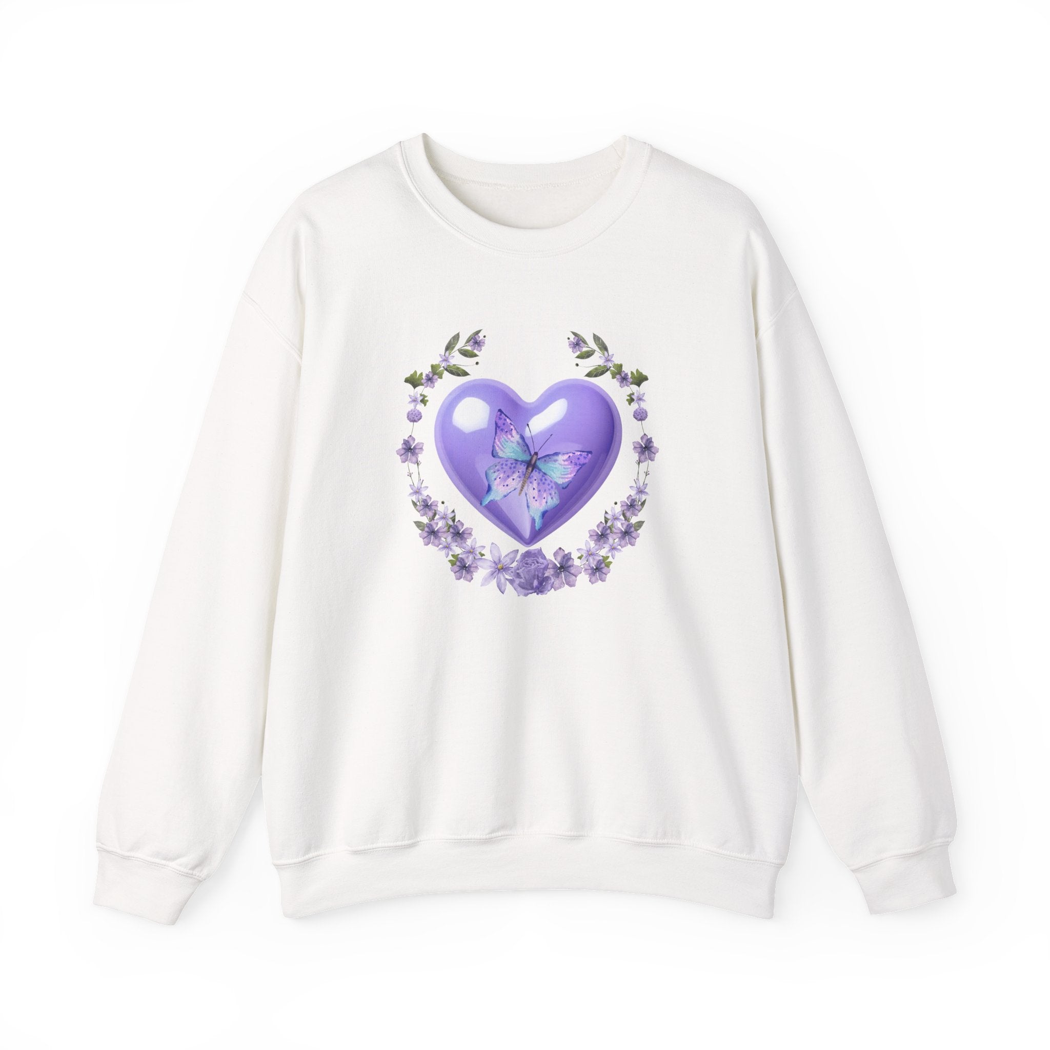White sweatshirt with a purple heart and butterfly design on a white background