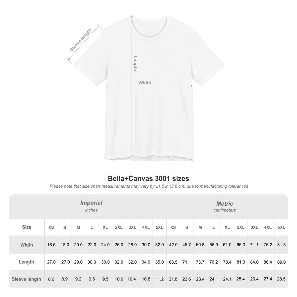 White t-shirt with measurement chart for Bella+Canvas 3001 sizes on a white background