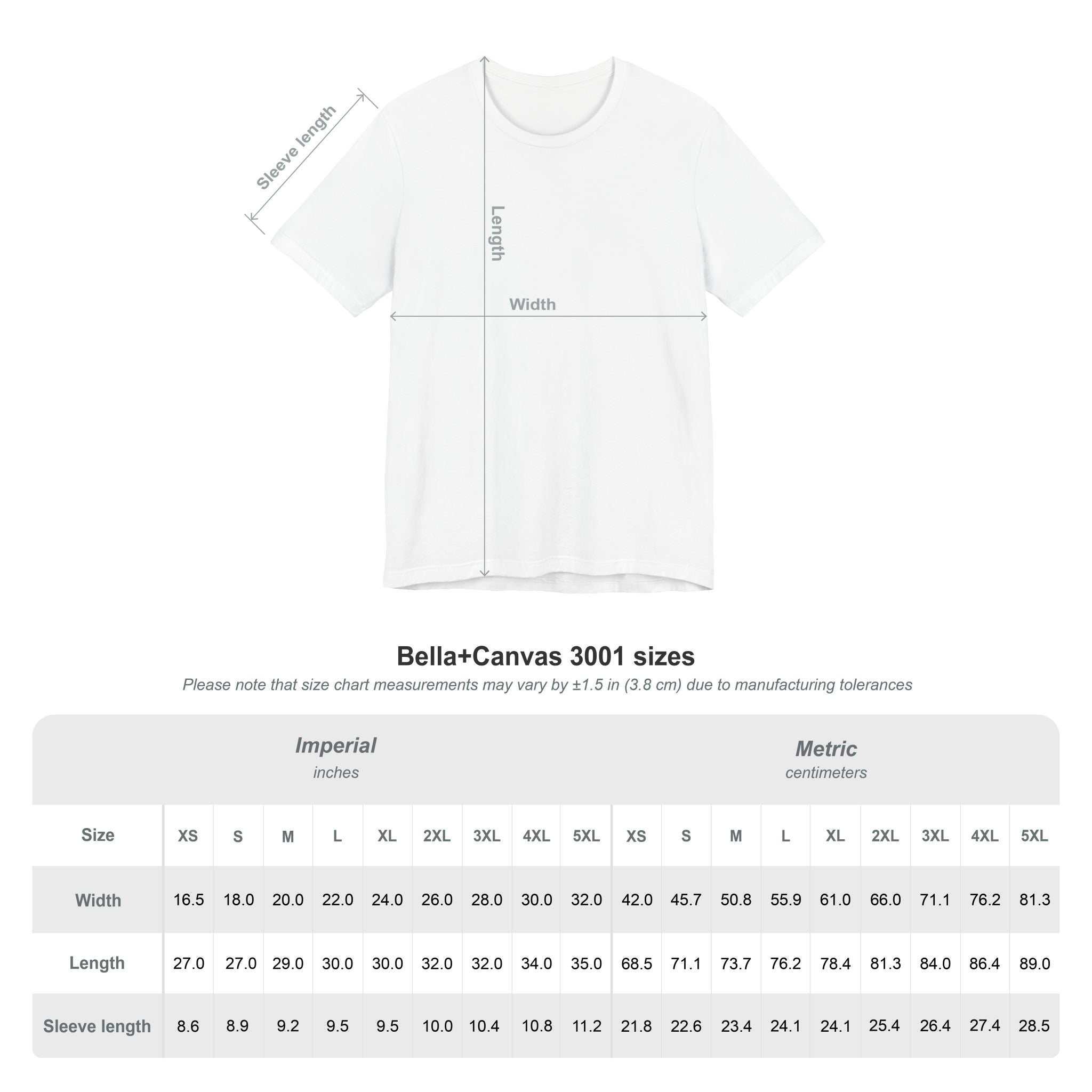 White t-shirt with measurement chart for Bella+Canvas 3001 sizes on a white background
