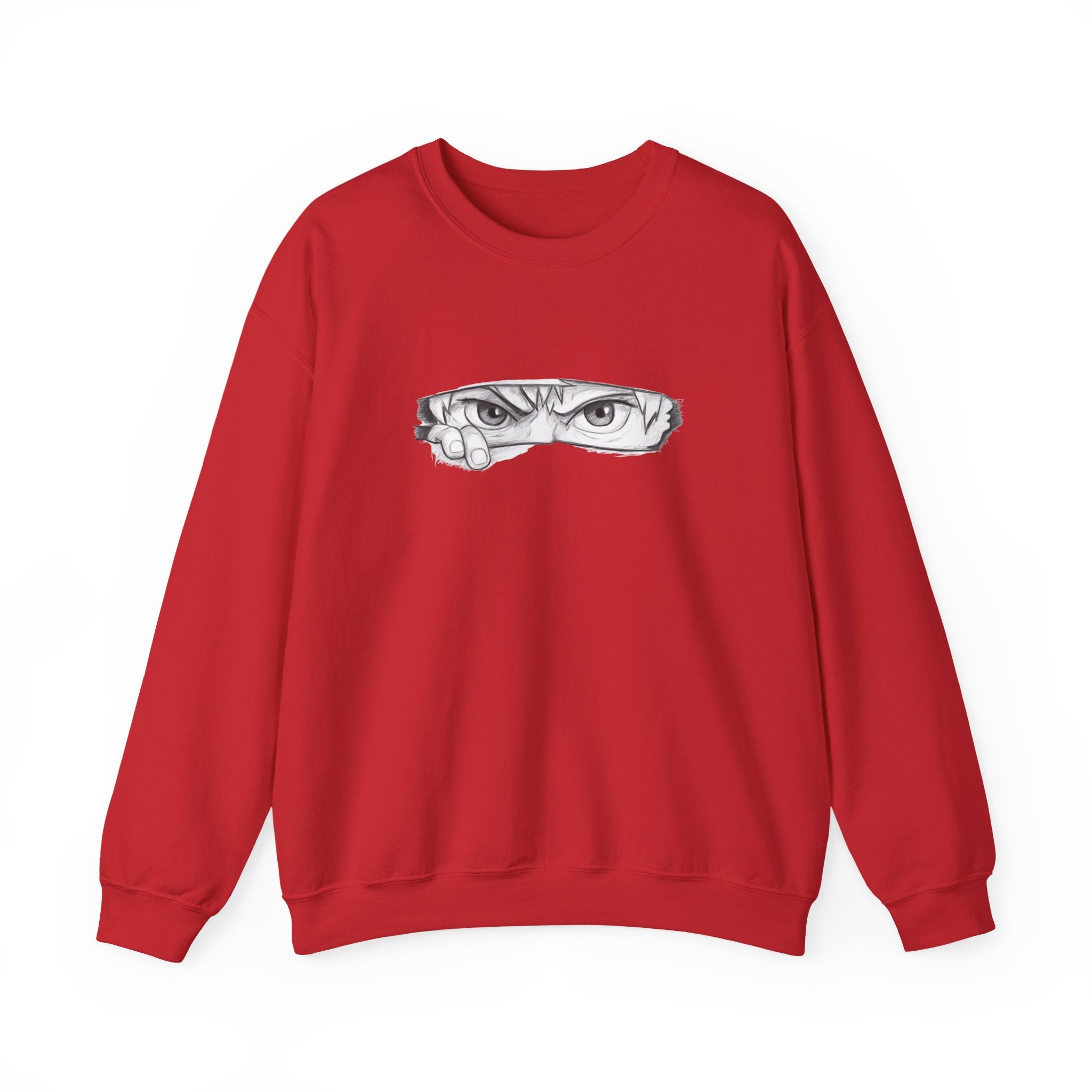 Red sweatshirt with a anime eyes design on a white background