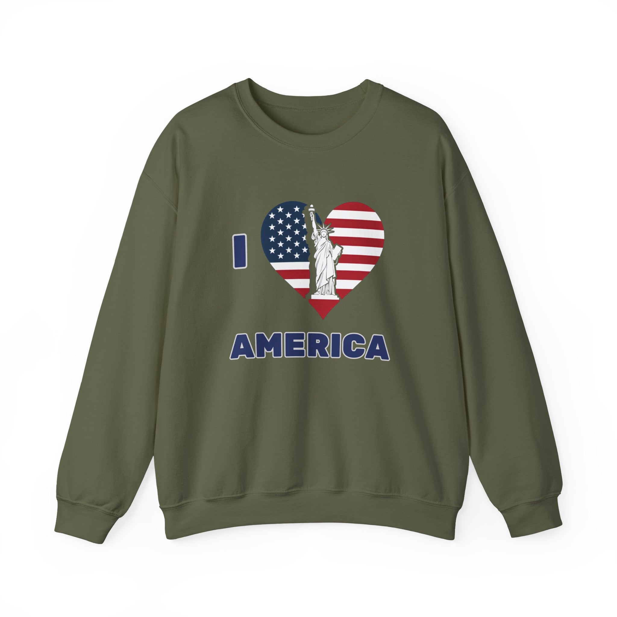 Green sweatshirt with 'I ❤️ AMERICA' design featuring the Statue of Liberty and American flag on a white background.