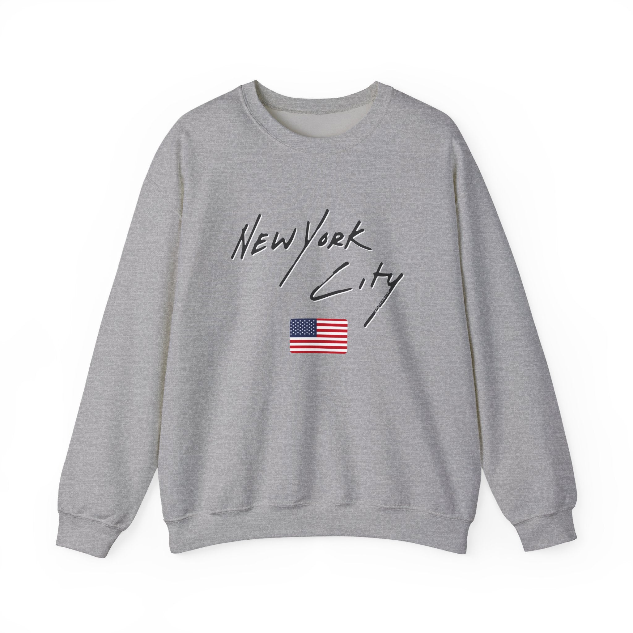 Gray sweatshirt with 'New York City' and American flag on a white background