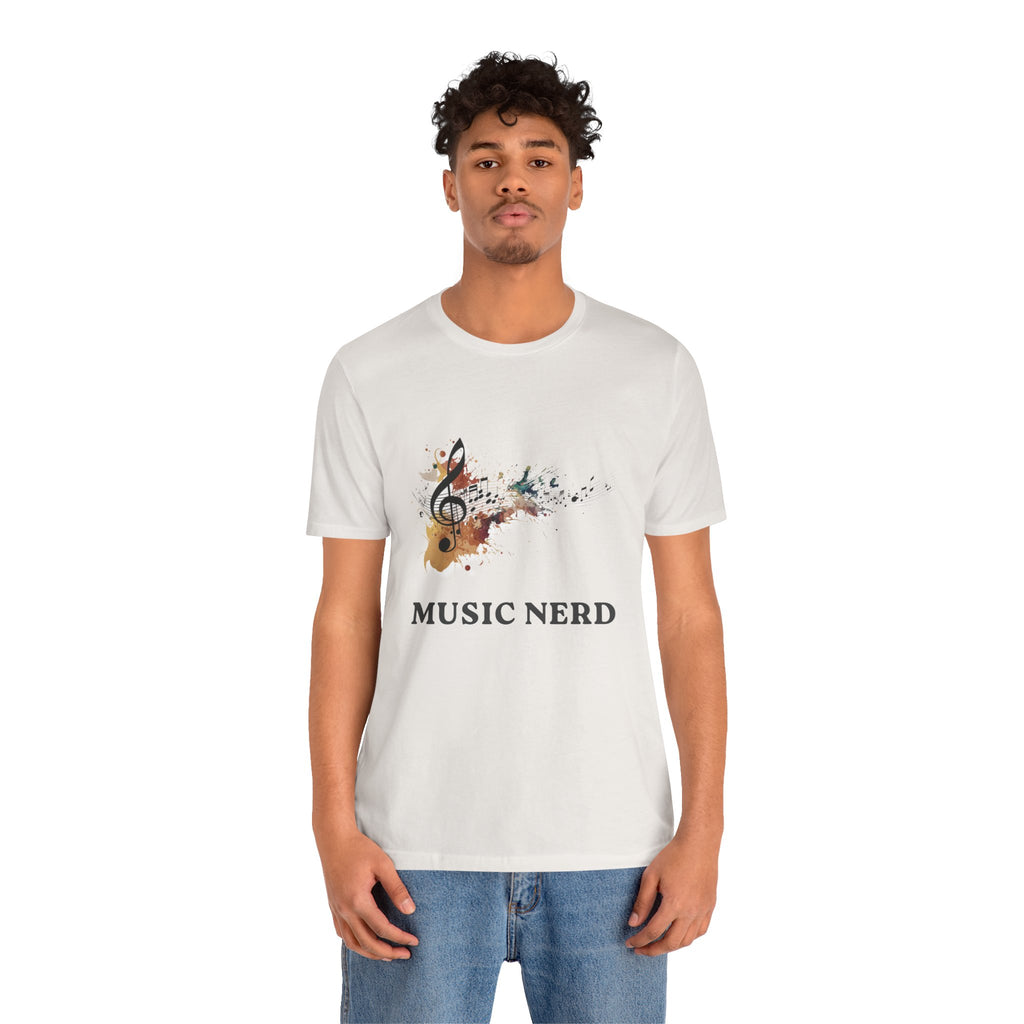 Person wearing a white t-shirt with 'Music Nerd' design on a white background