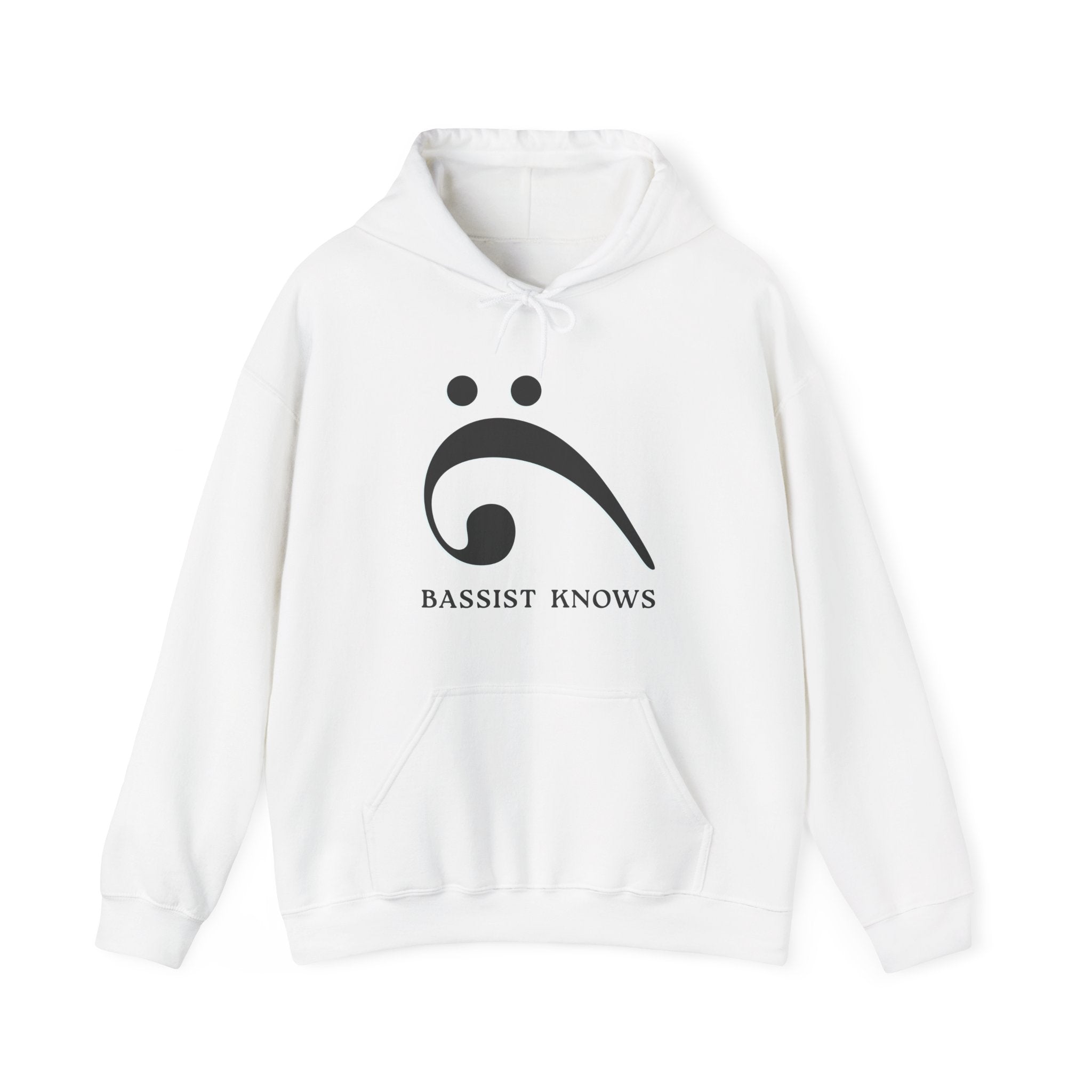 White hoodie with a black bass clef graphic and "Bassist Knows" text on a white background