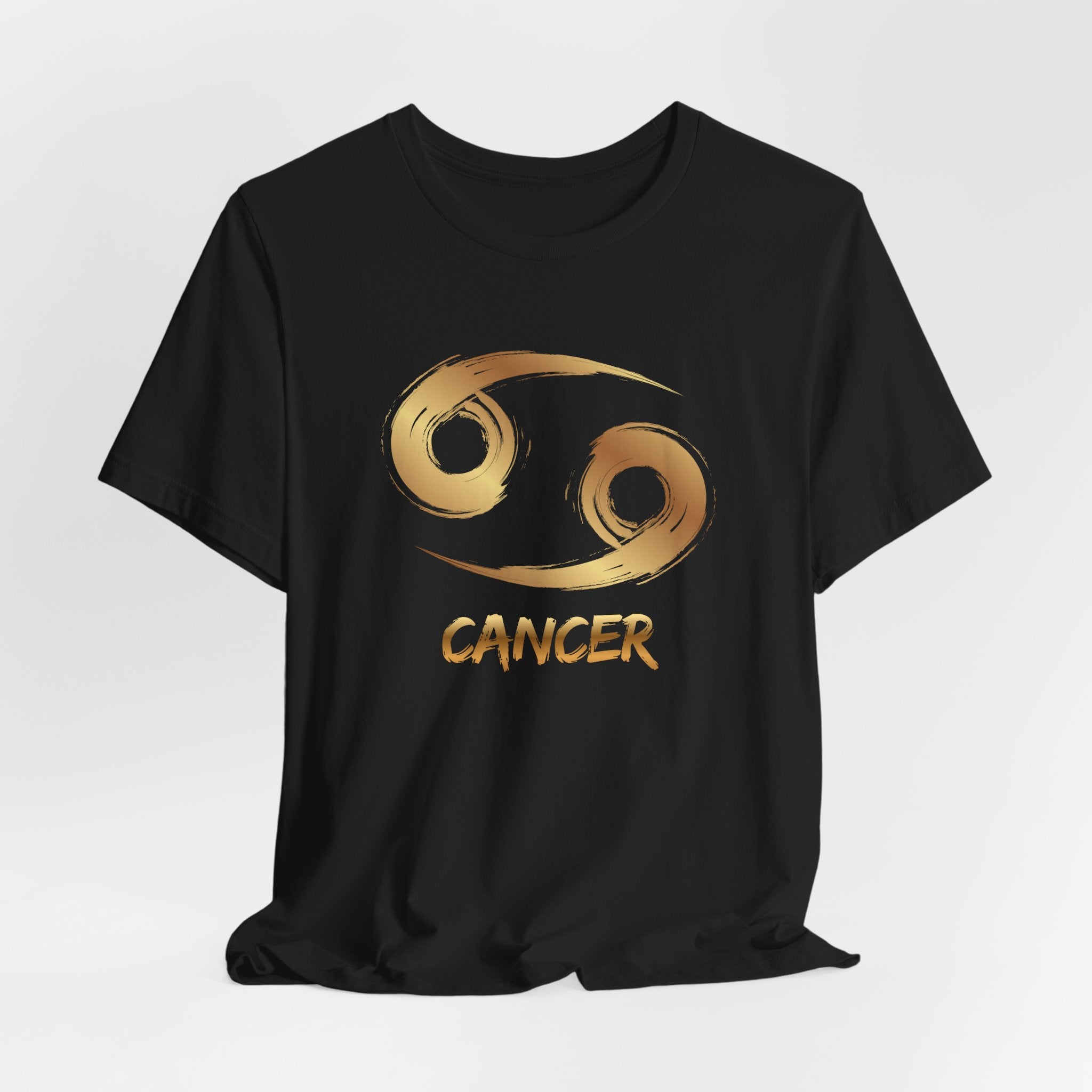 Black t-shirt with gold Cancer zodiac symbol on a white background