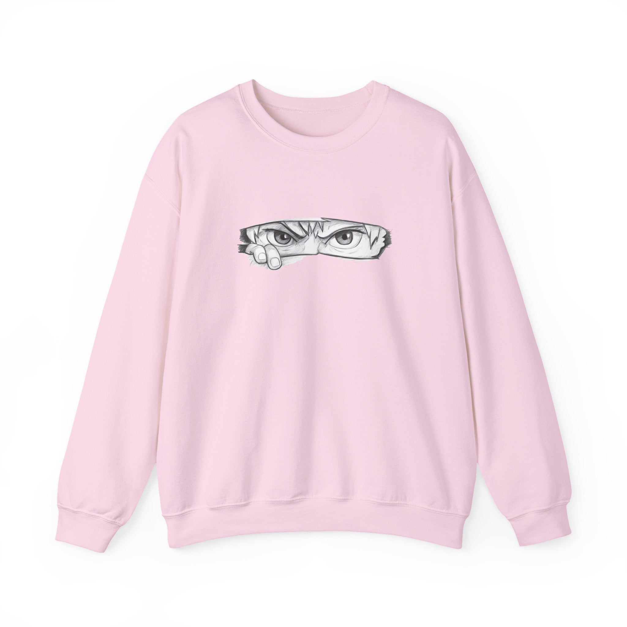 Pink sweatshirt with a anime eyes design on a white background