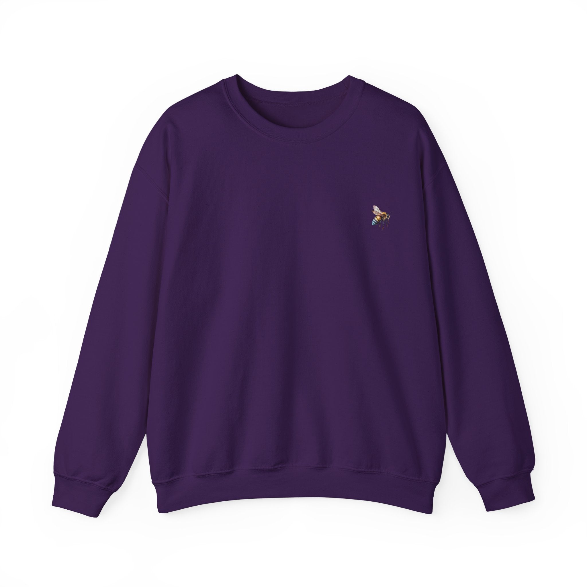 Purple sweatshirt with a small bee logo on a white background