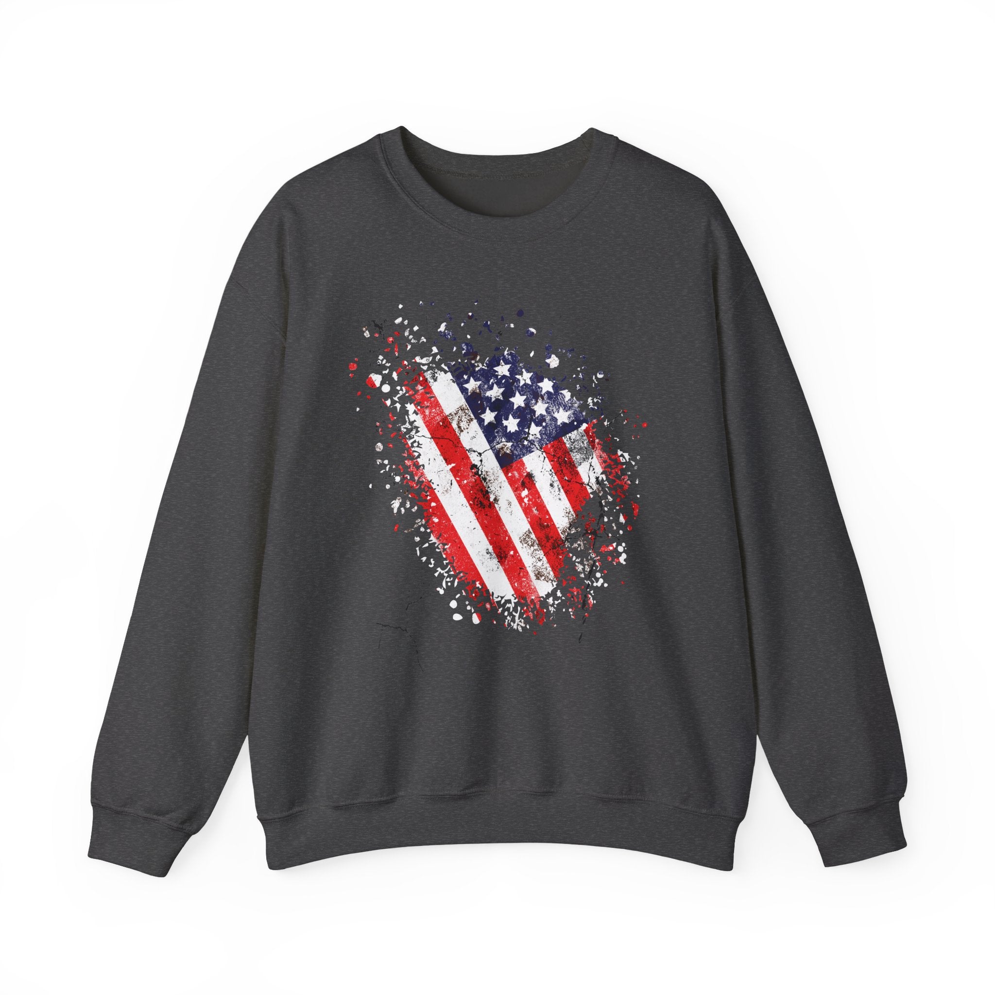 Dark grey sweatshirt with American flag design on a white background