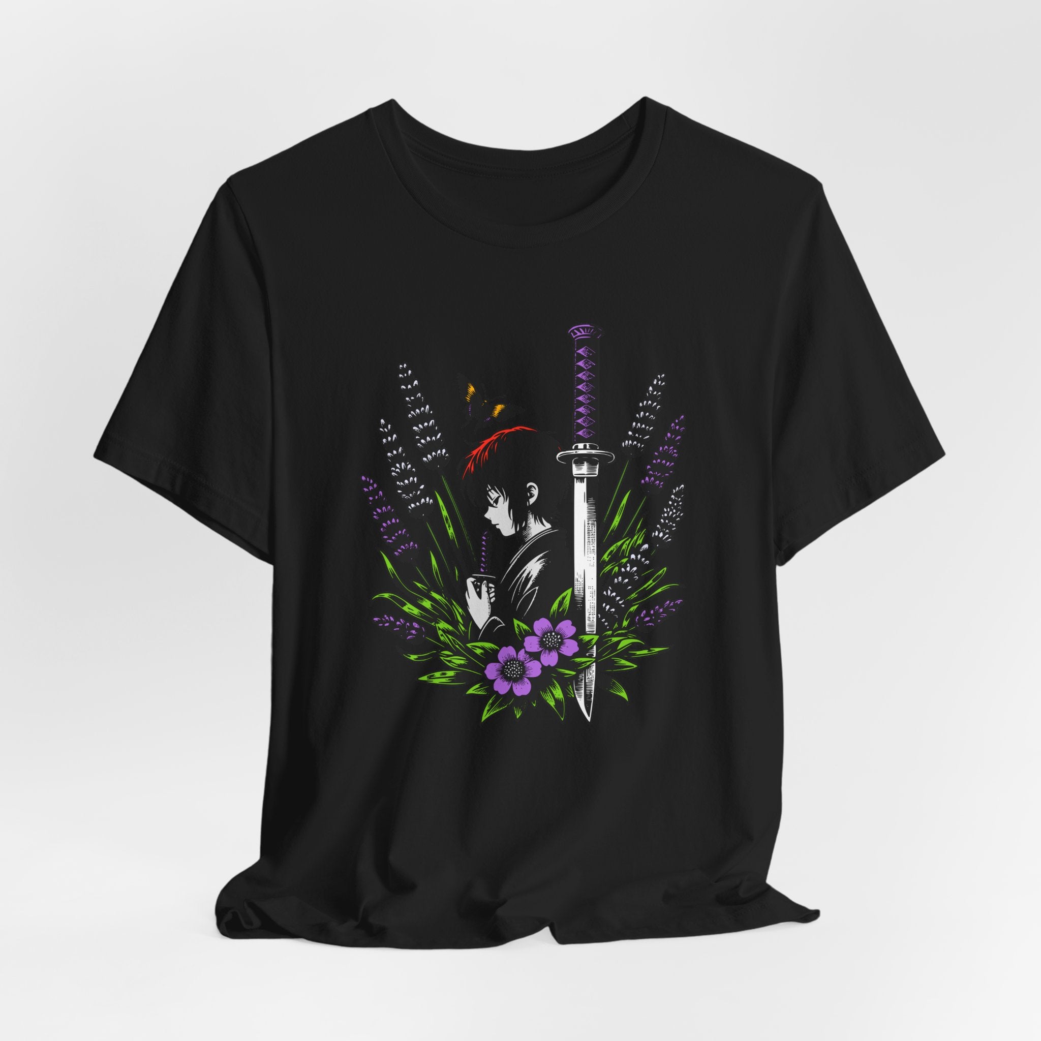Black t-shirt with a sword and floral design on a white background
