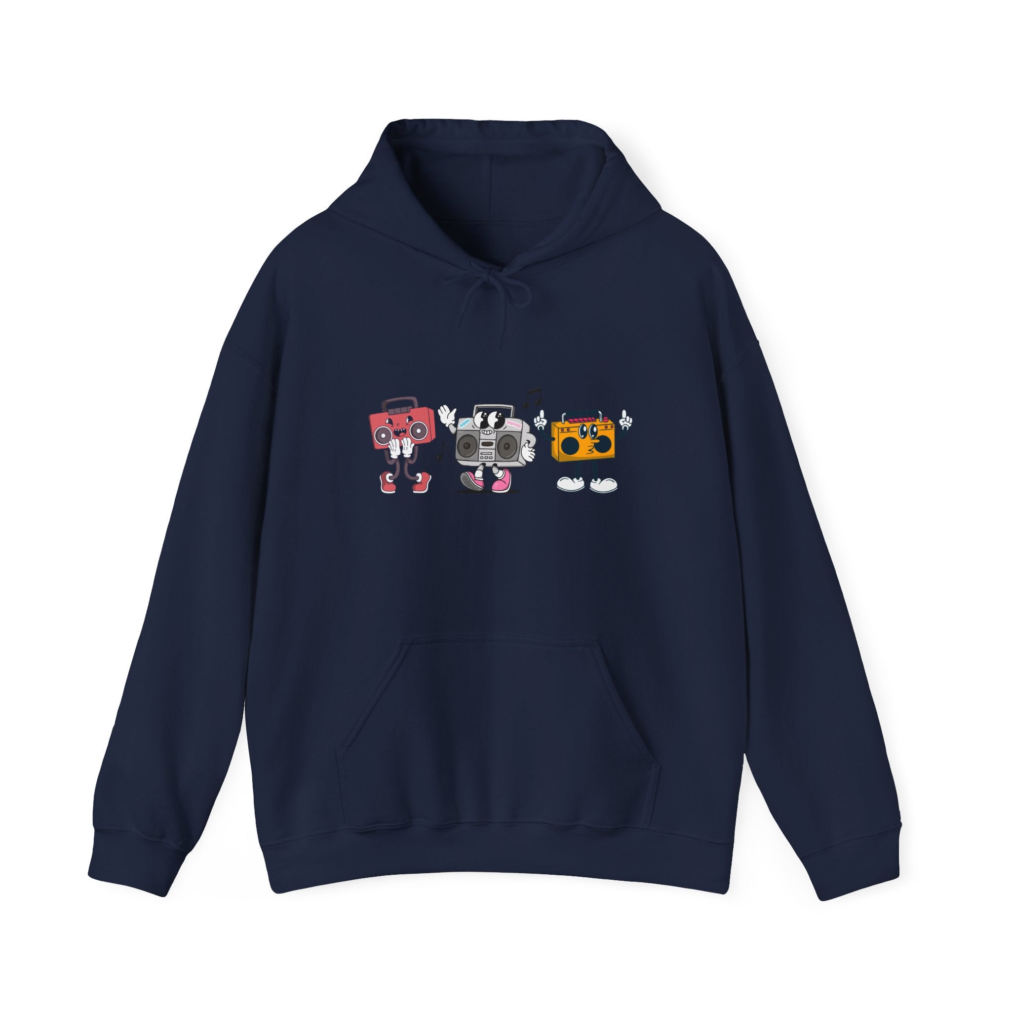 Navy blue hoodie with cartoon robot design on a white background