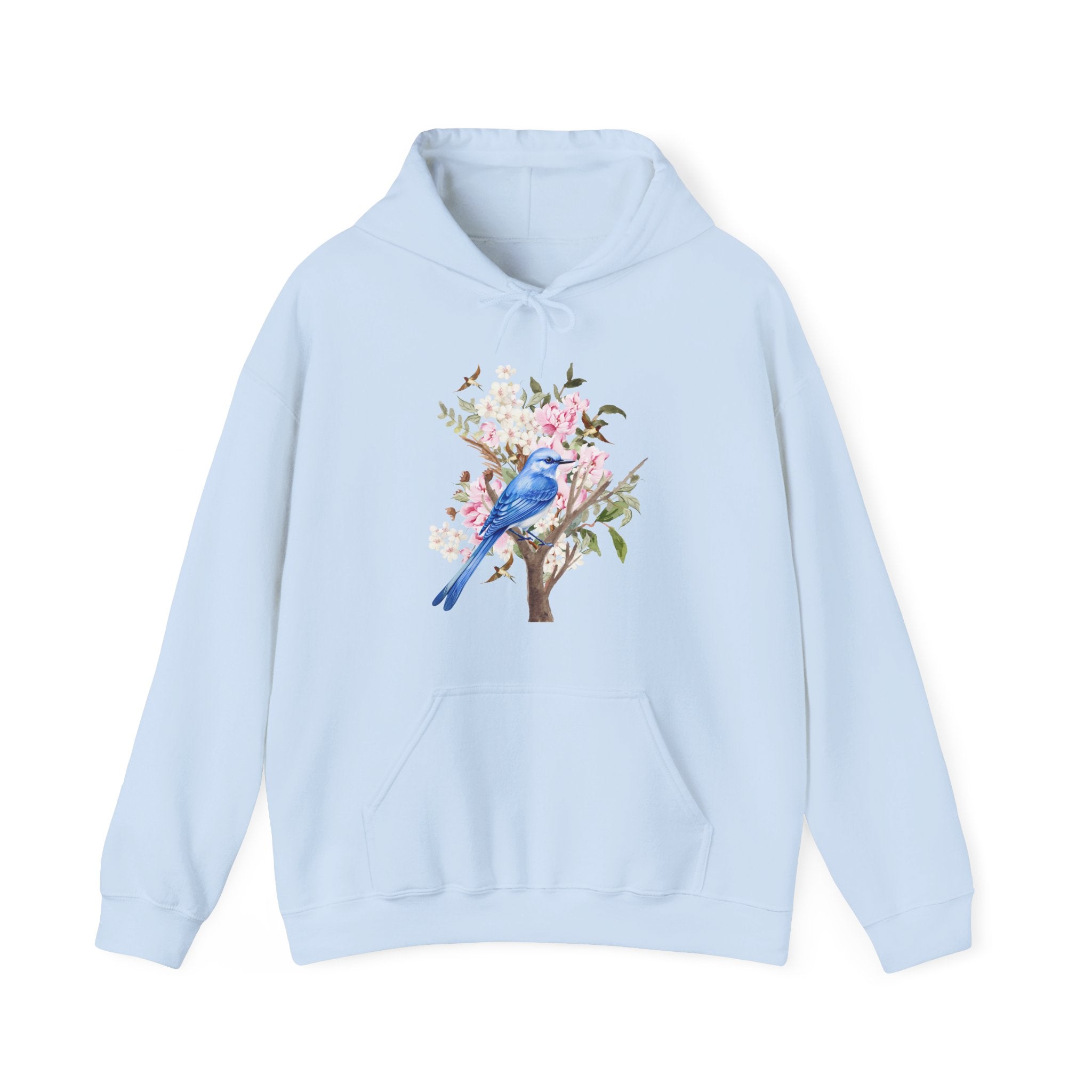 Light blue hoodie with a bird and floral design on a white background