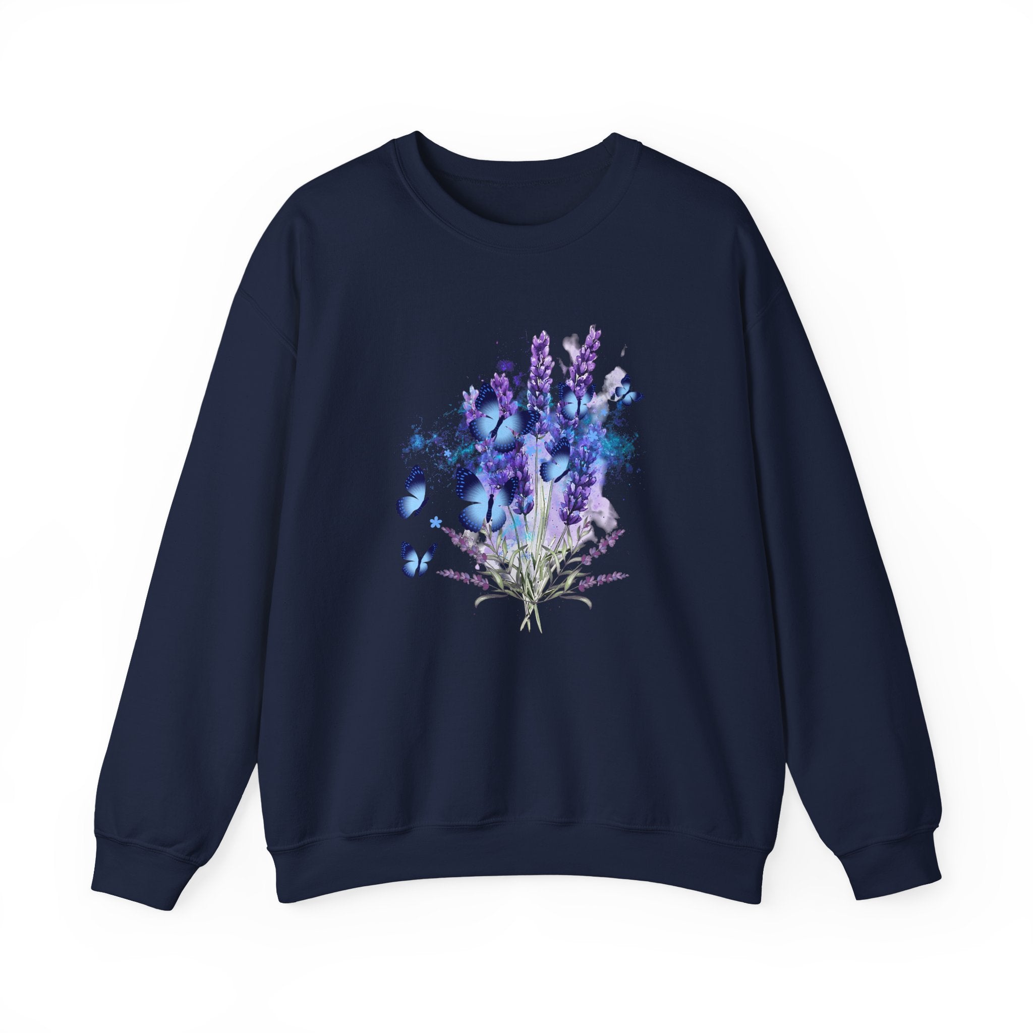 Black sweatshirt with a design of lavender flowers and butterflies on a white background