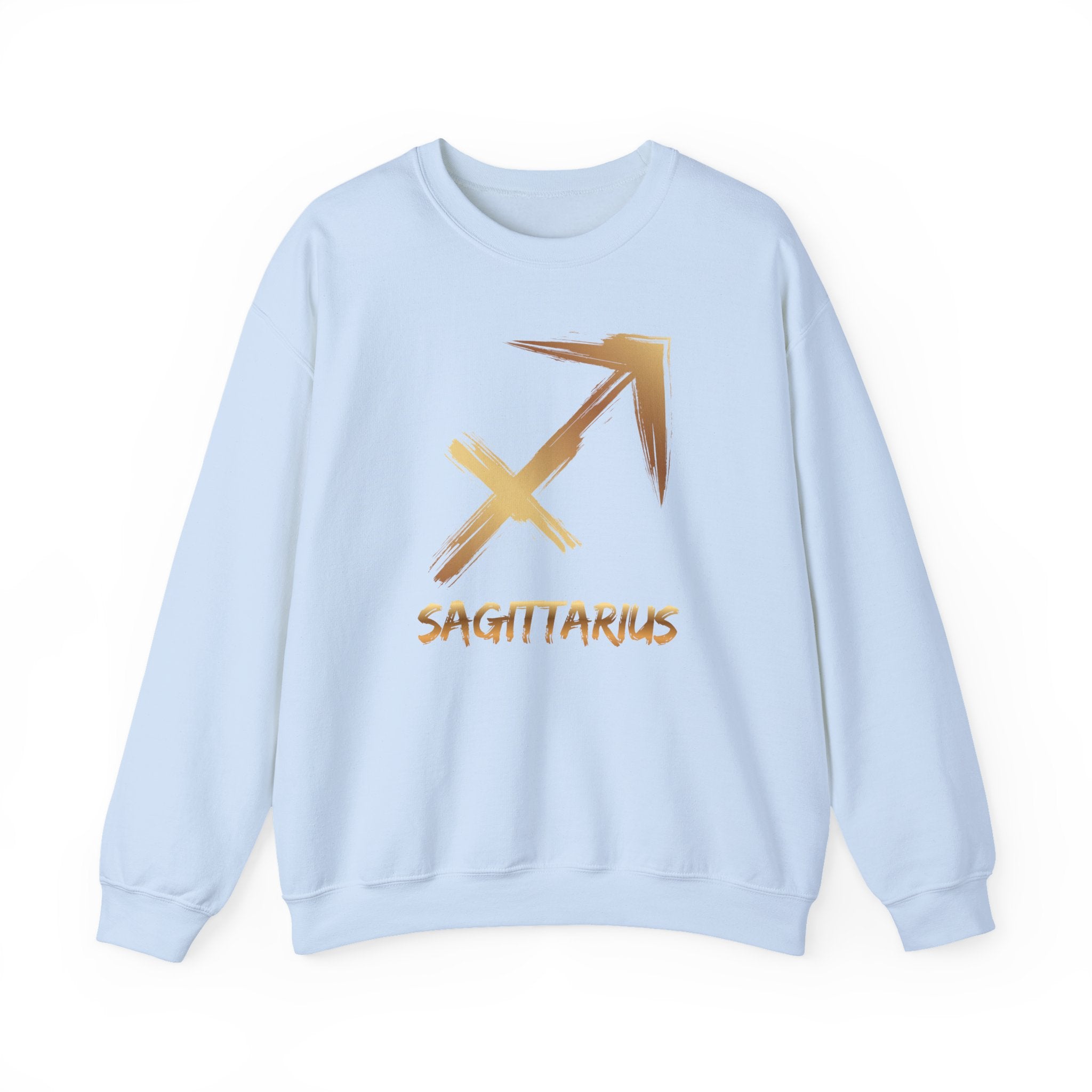Light blue sweatshirt with gold Sagittarius symbol and text on a white background