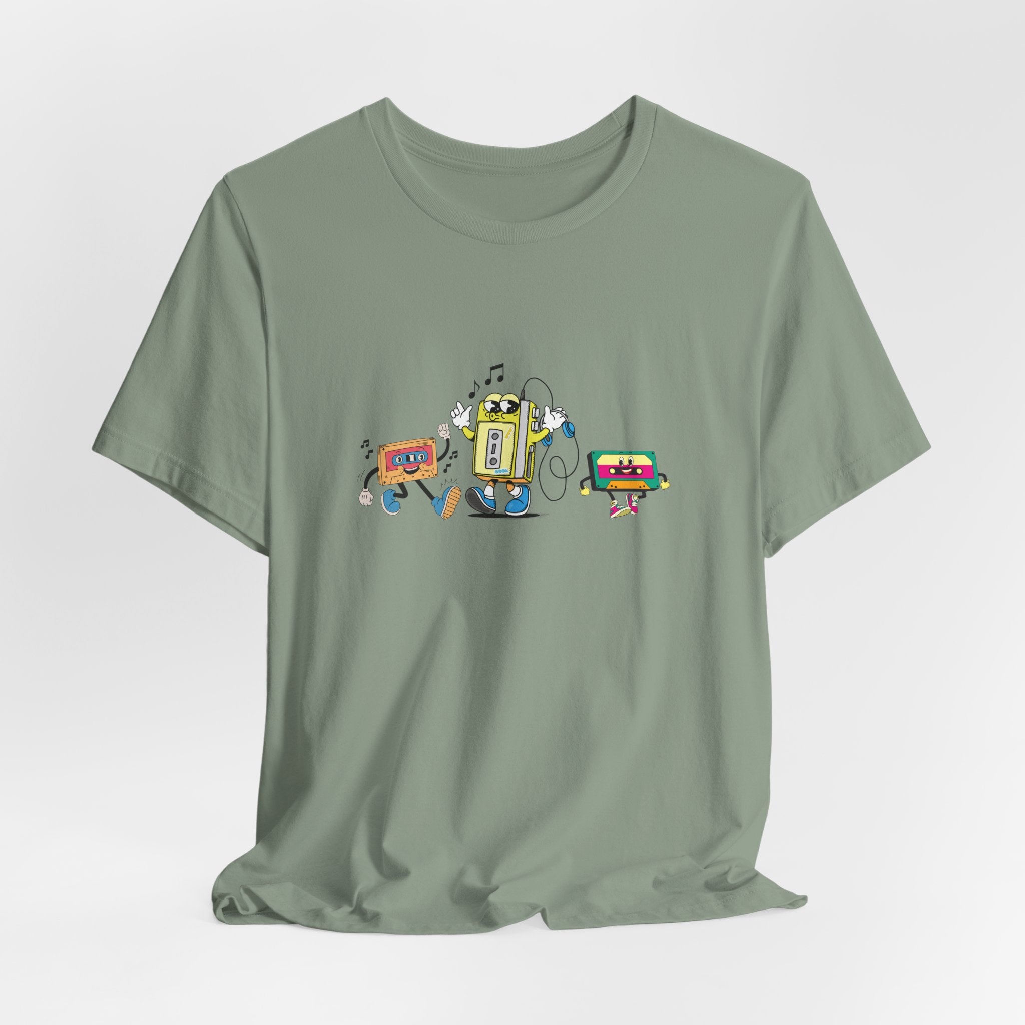 Green t-shirt with a colorful graphic on a light gray background