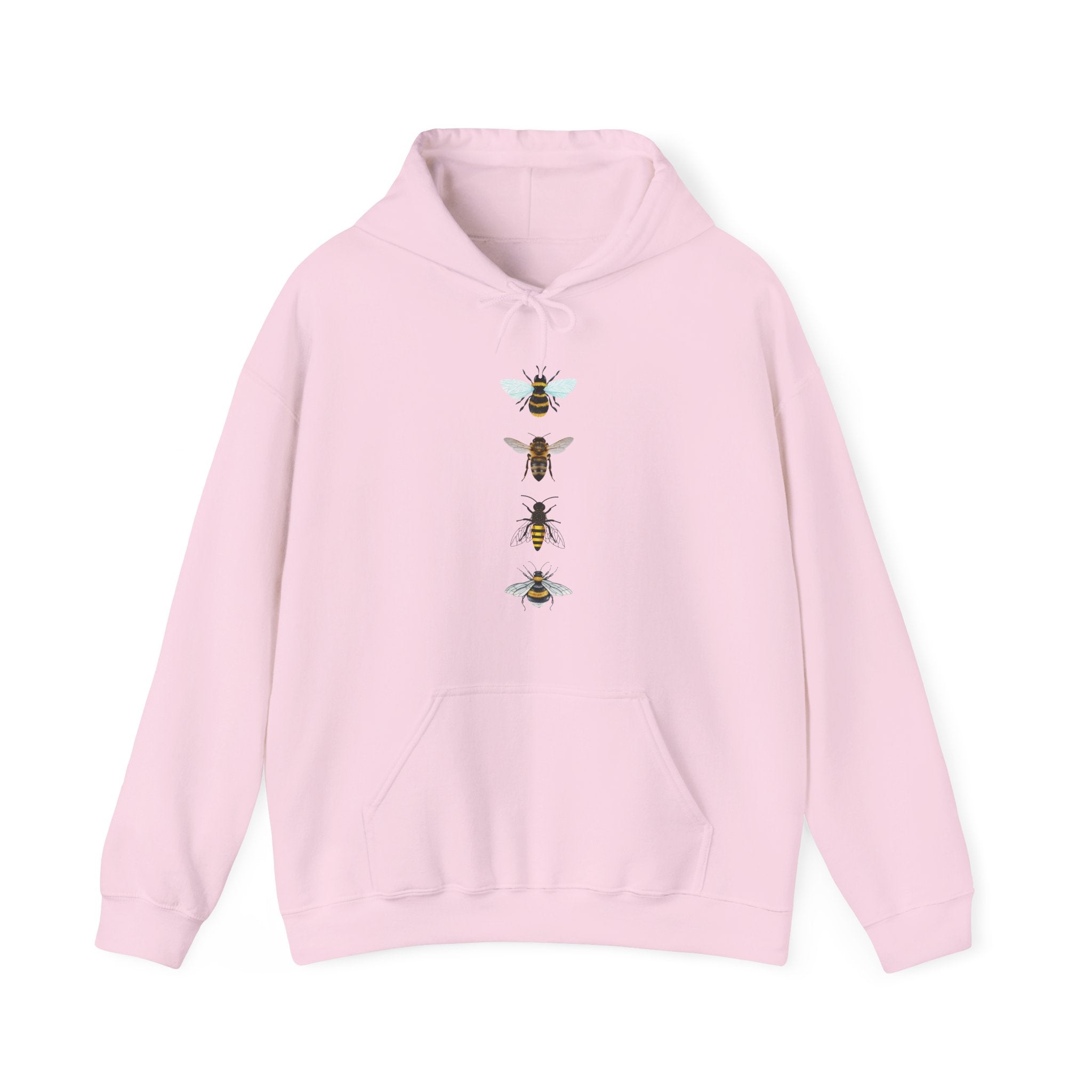 Pink hoodie with bee graphic on a white background