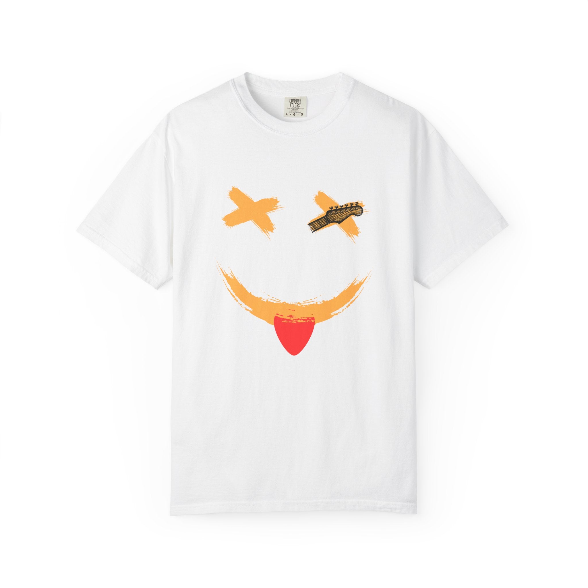 White t-shirt with a smiley face design on a white background