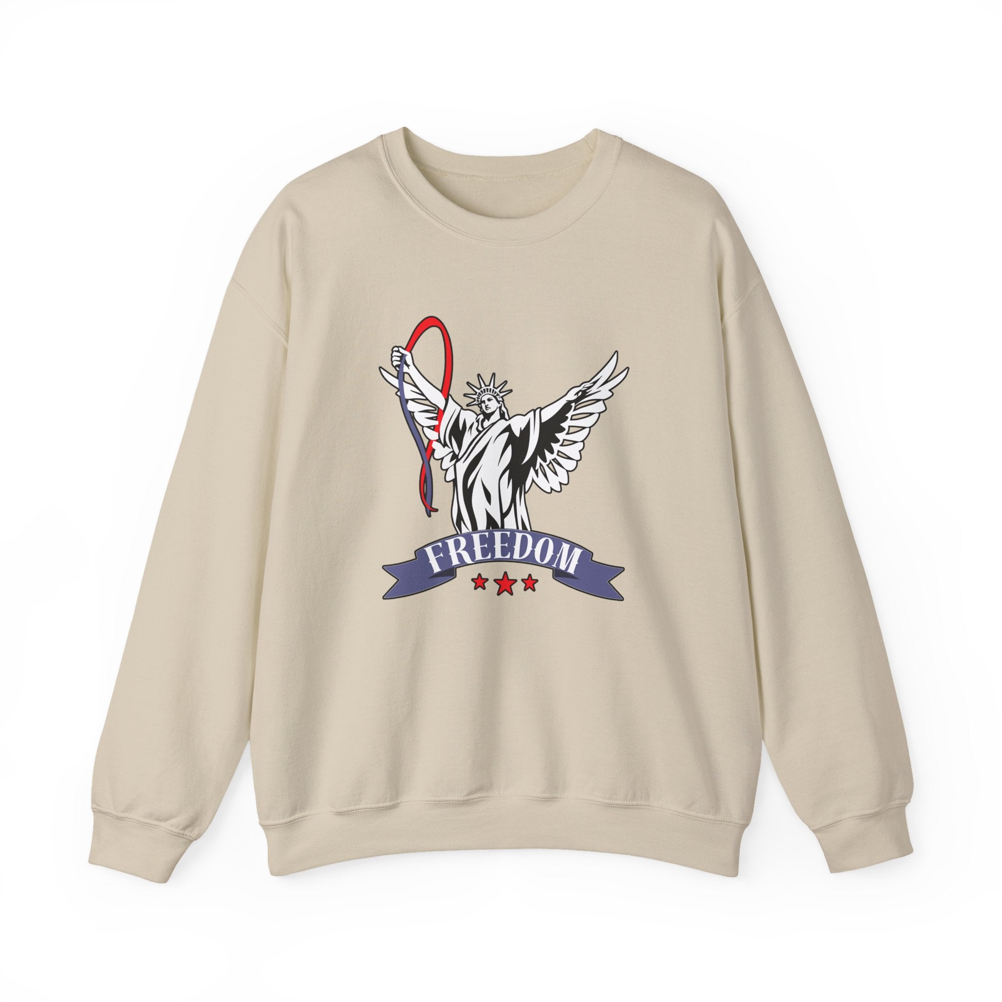 Beige sweatshirt with a graphic design of the Statue of Liberty and 'Freedom' text on a white background