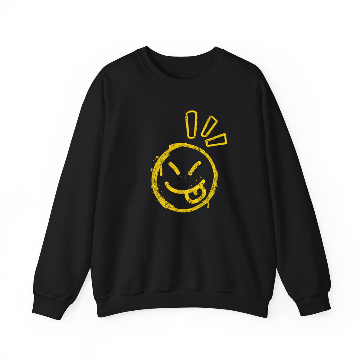 Black sweatshirt with a yellow smiley face design on a white background
