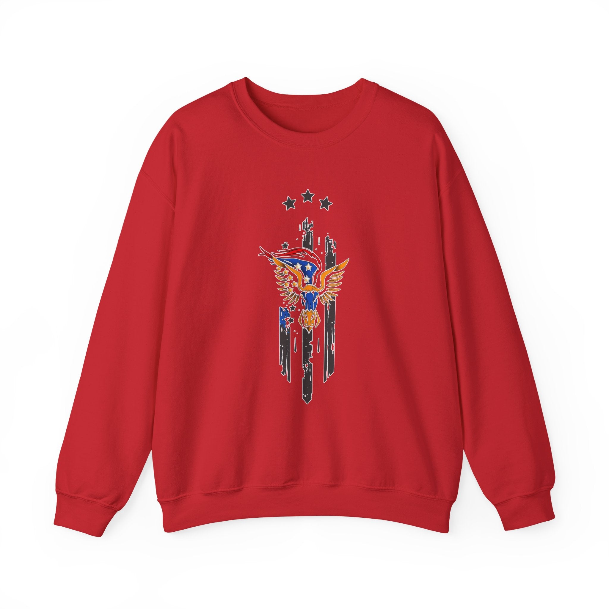 Red sweatshirt with a colorful graphic design on a white background