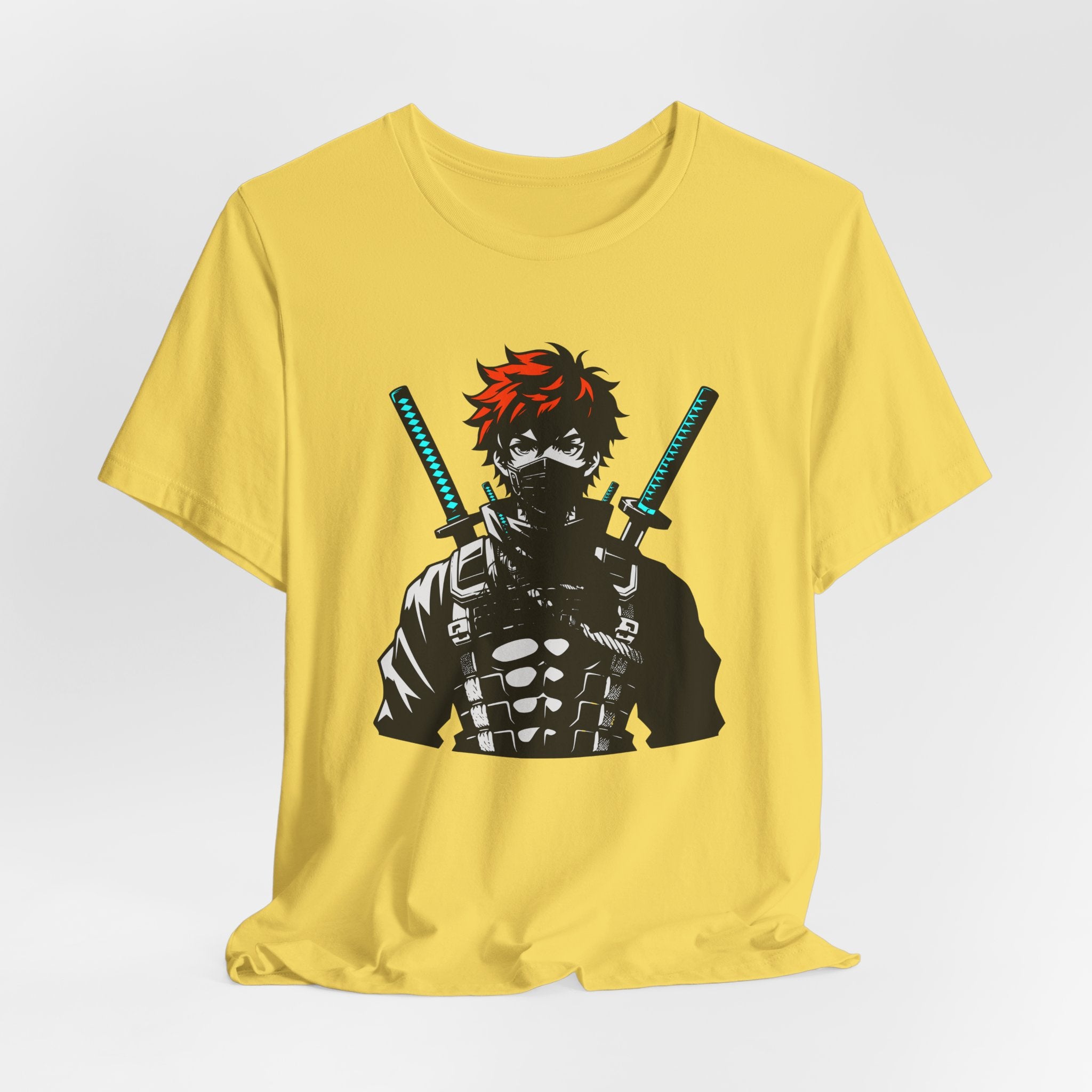 Yellow t-shirt with a graphic of a character holding swords on a white background