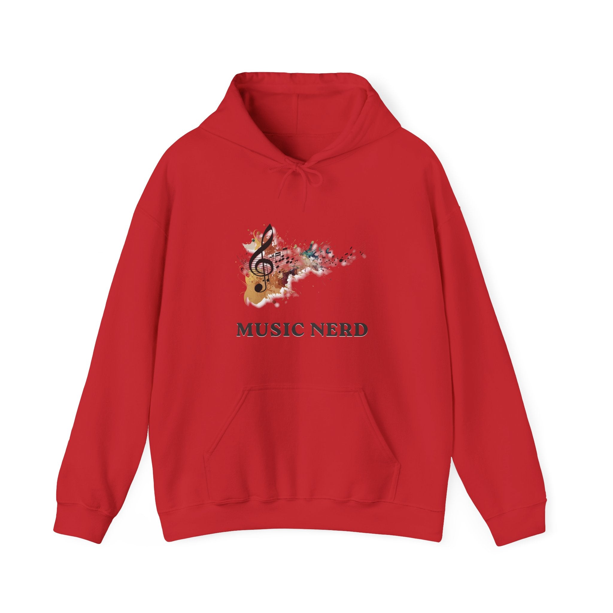 Red hoodie with 'Music Nerd' design on a white background