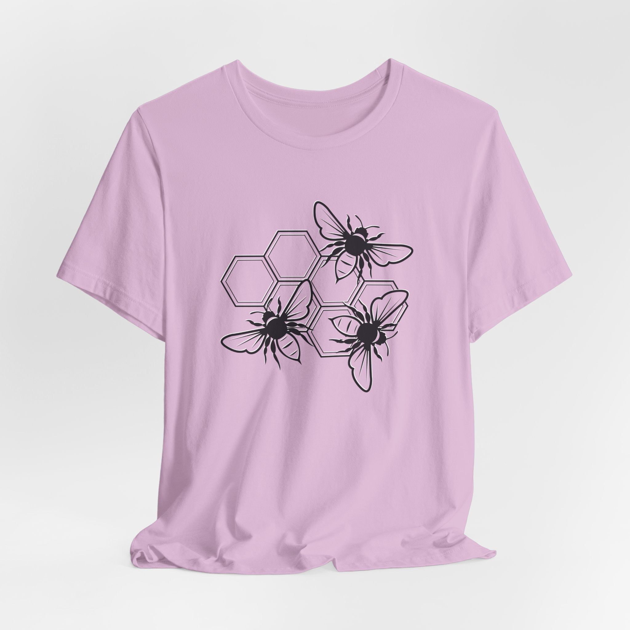 Light purple t-shirt with black bee and hexagon design on a white background