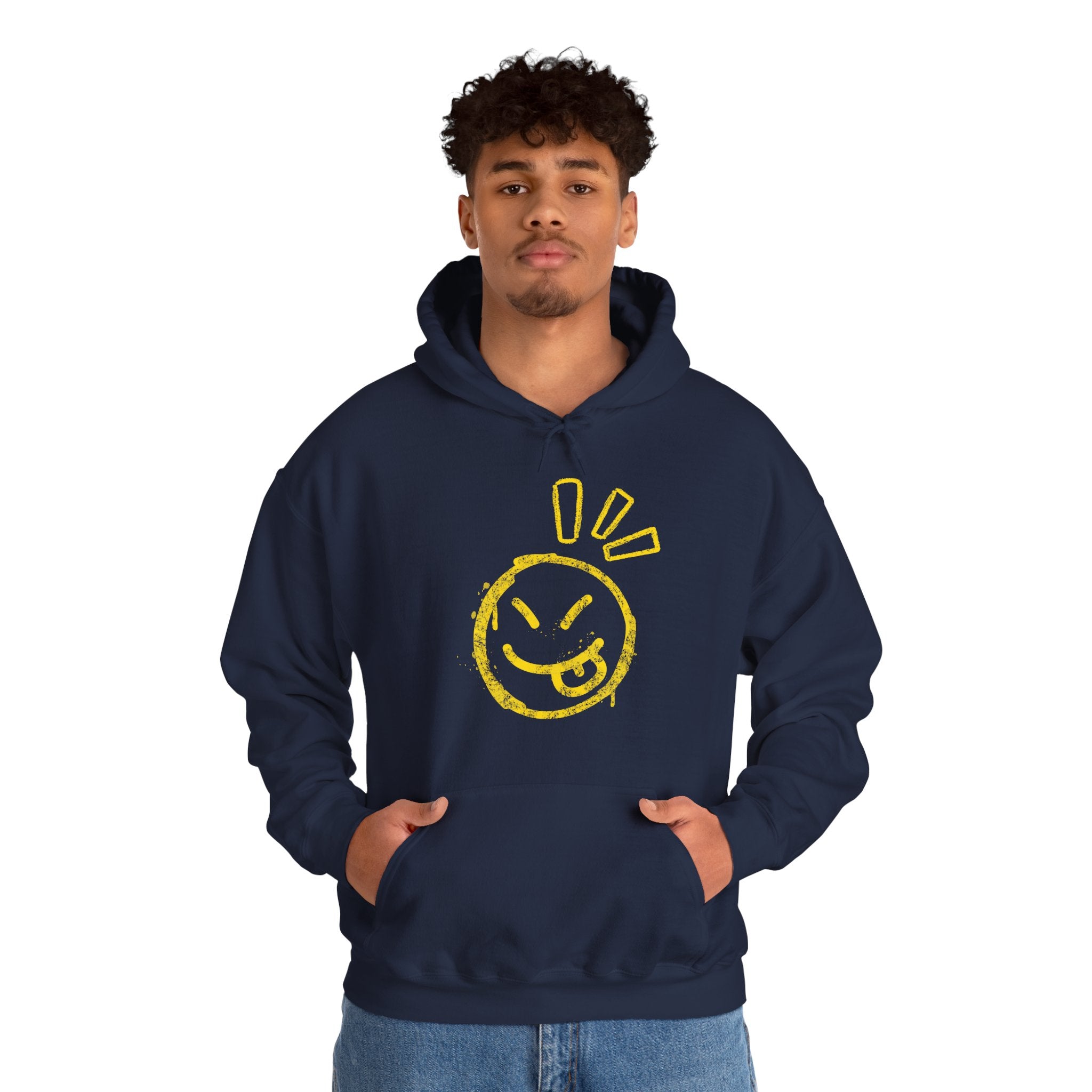 Person wearing a navy hoodie with a yellow smiley face design on a white background