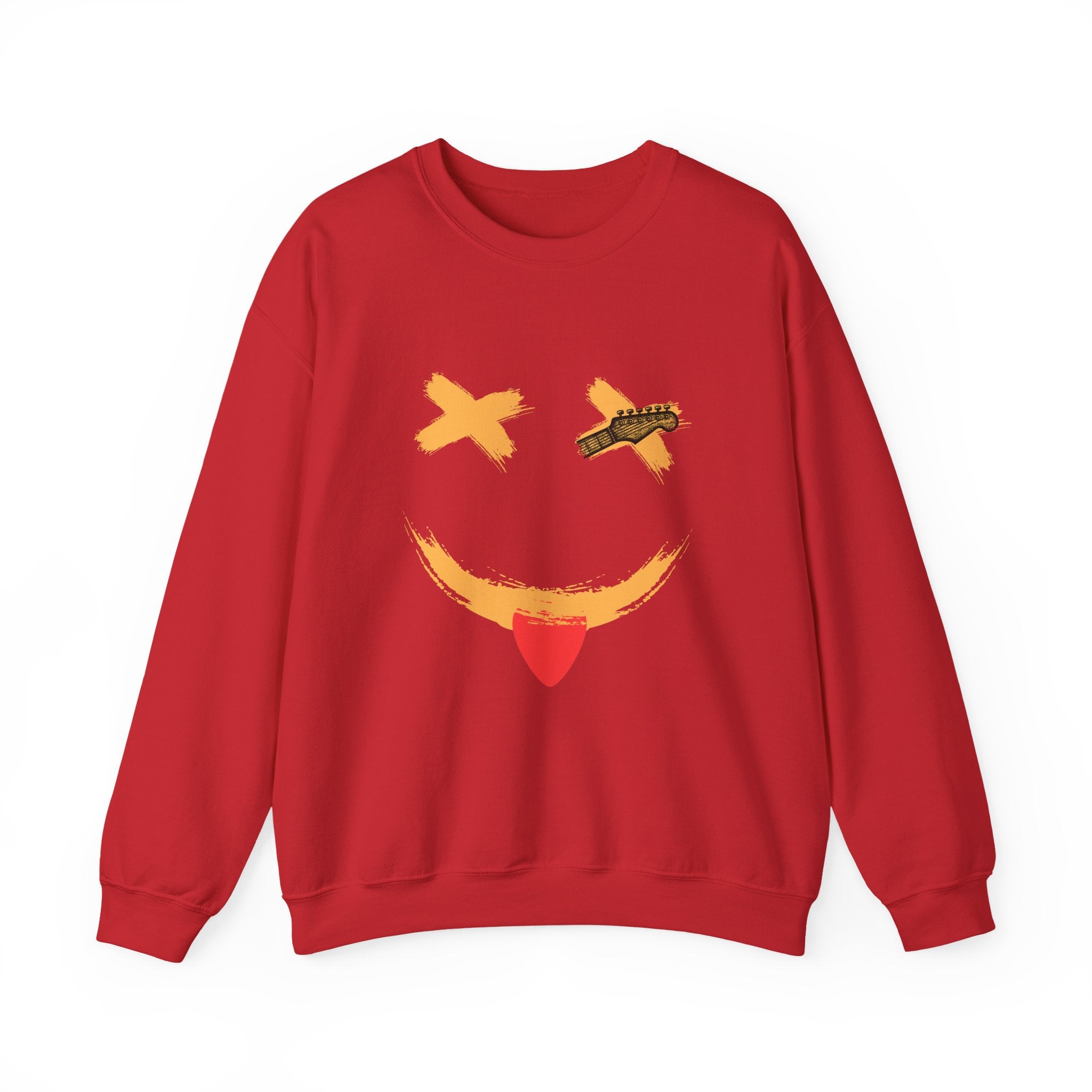 Red sweatshirt with a smiley face design on a white background