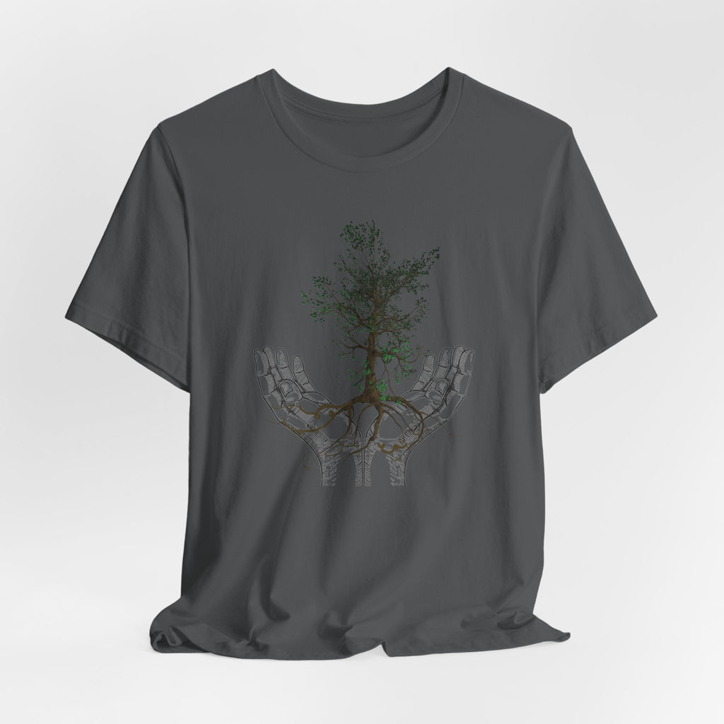 Gray t-shirt with a graphic design of a tree and deer on a white background