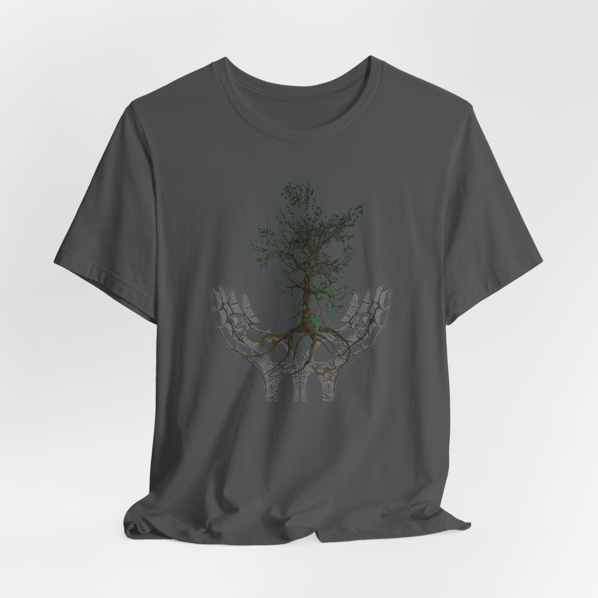 Gray t-shirt with a graphic design of a tree and deer on a white background