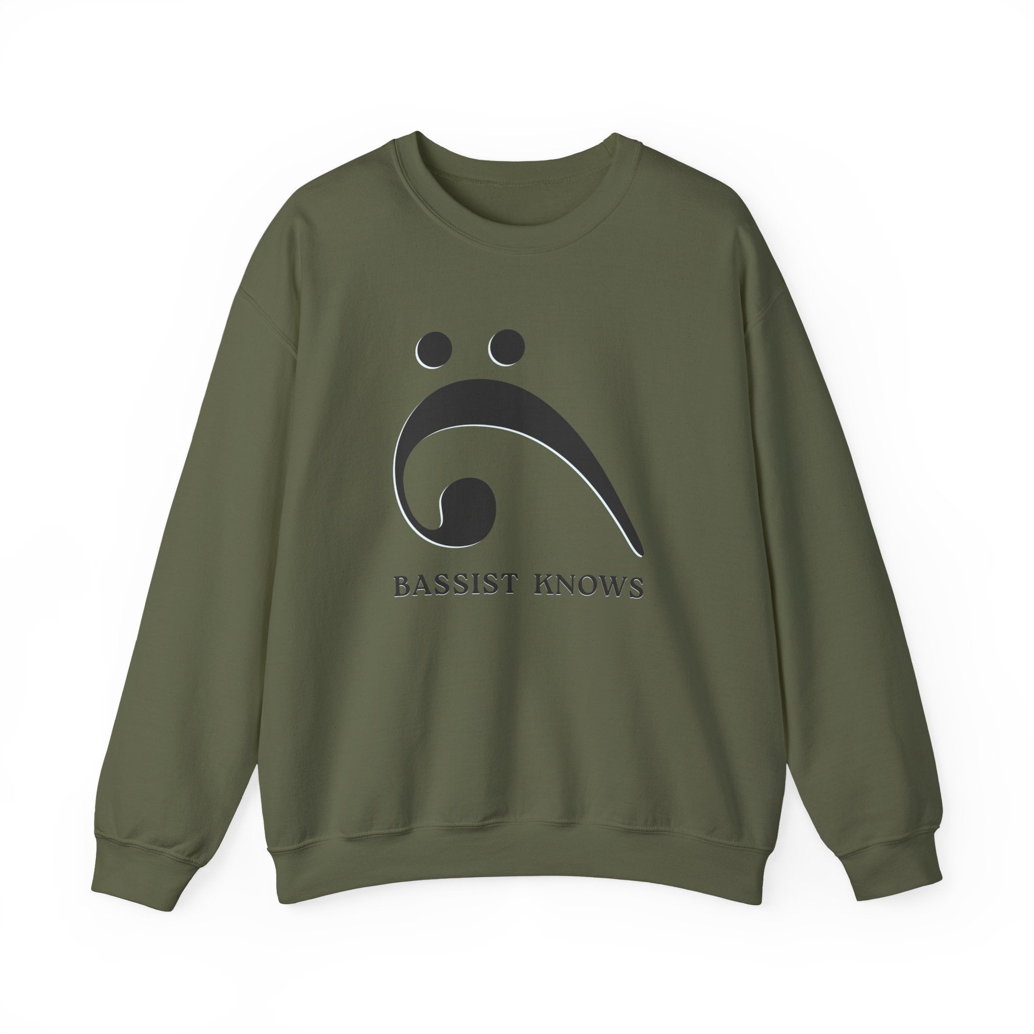 Green sweatshirt with a black bass clef graphic and "Bassist Knows" text on a white background
