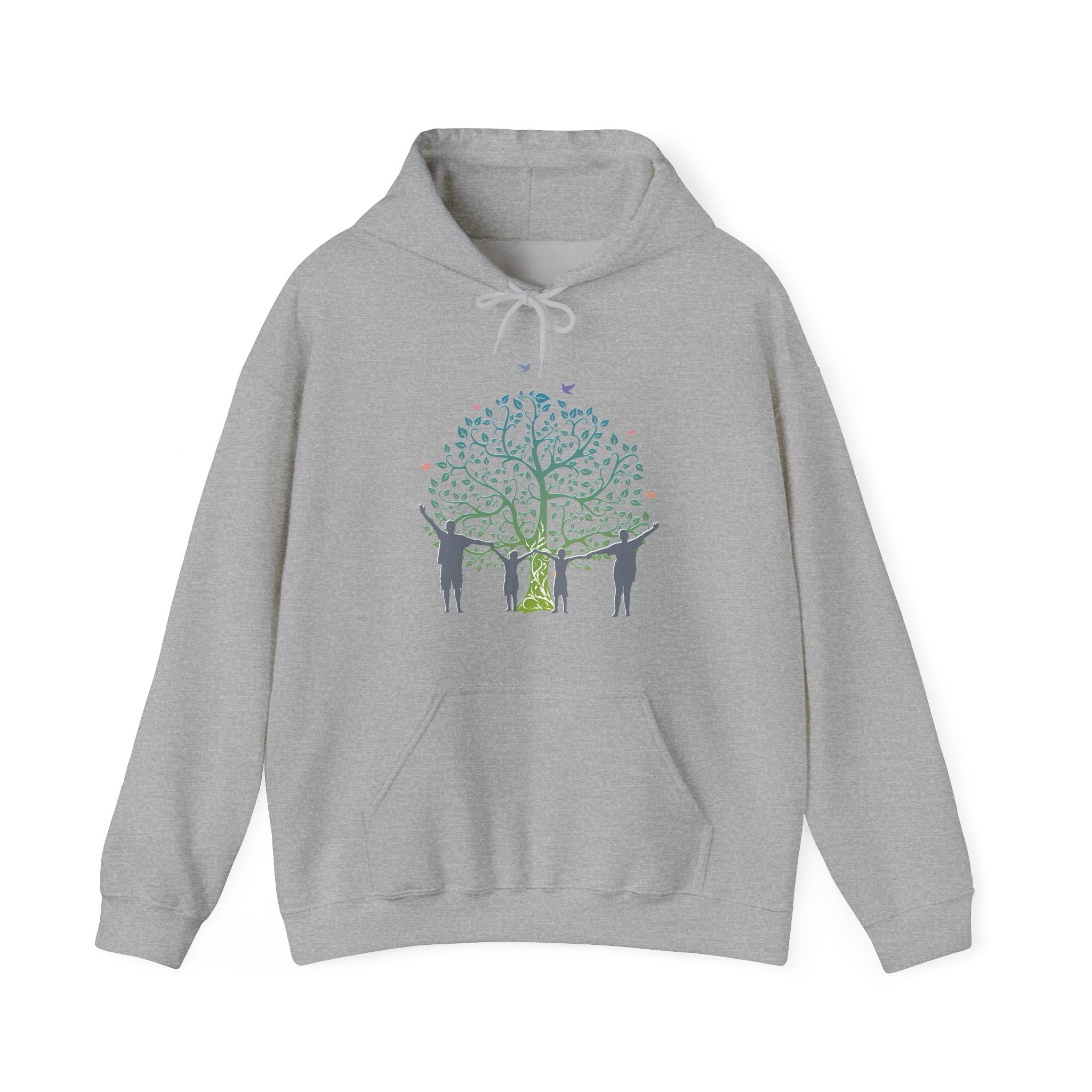 Gray hoodie with a graphic of people around a tree on a white background