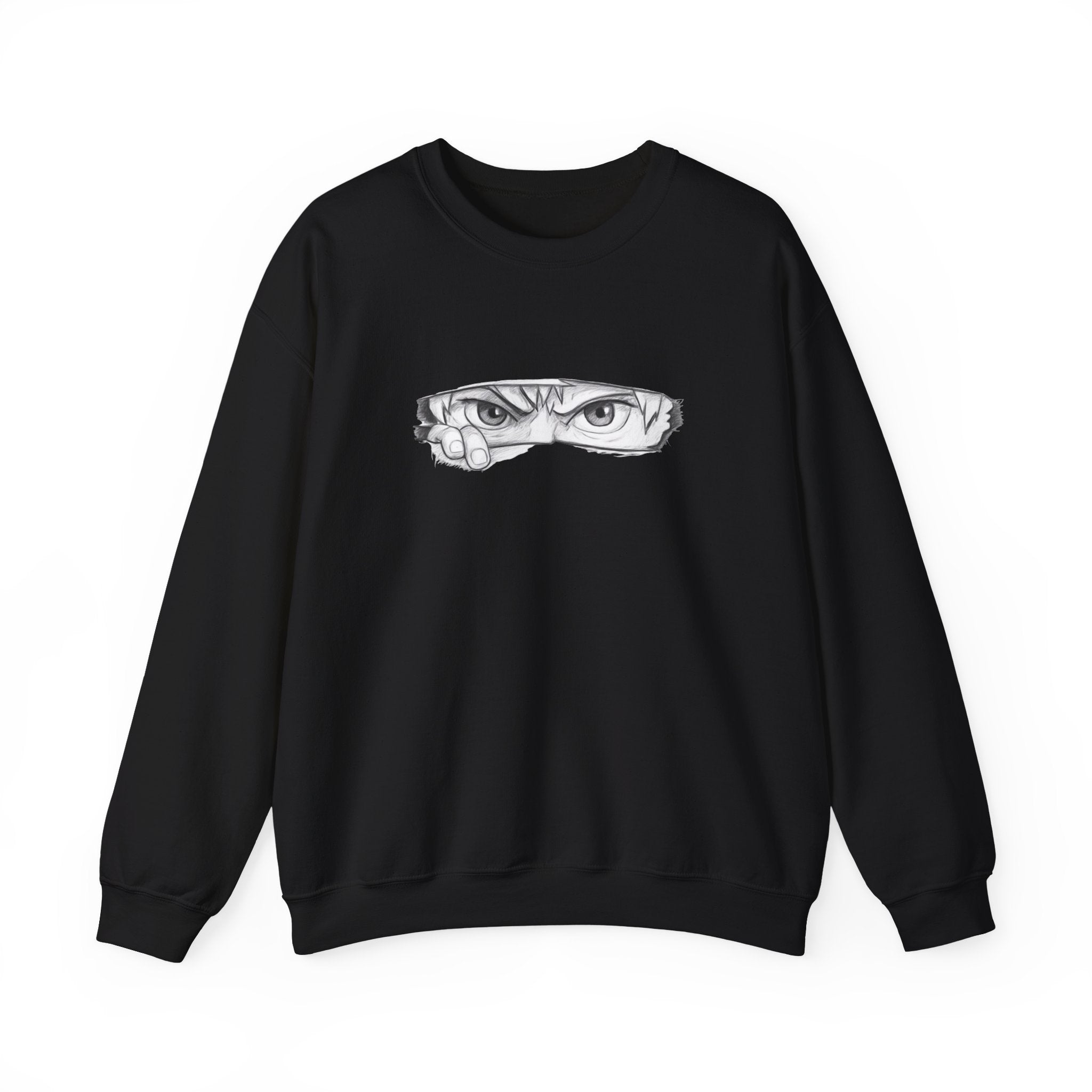 Black sweatshirt with a anime eyes design on a white background