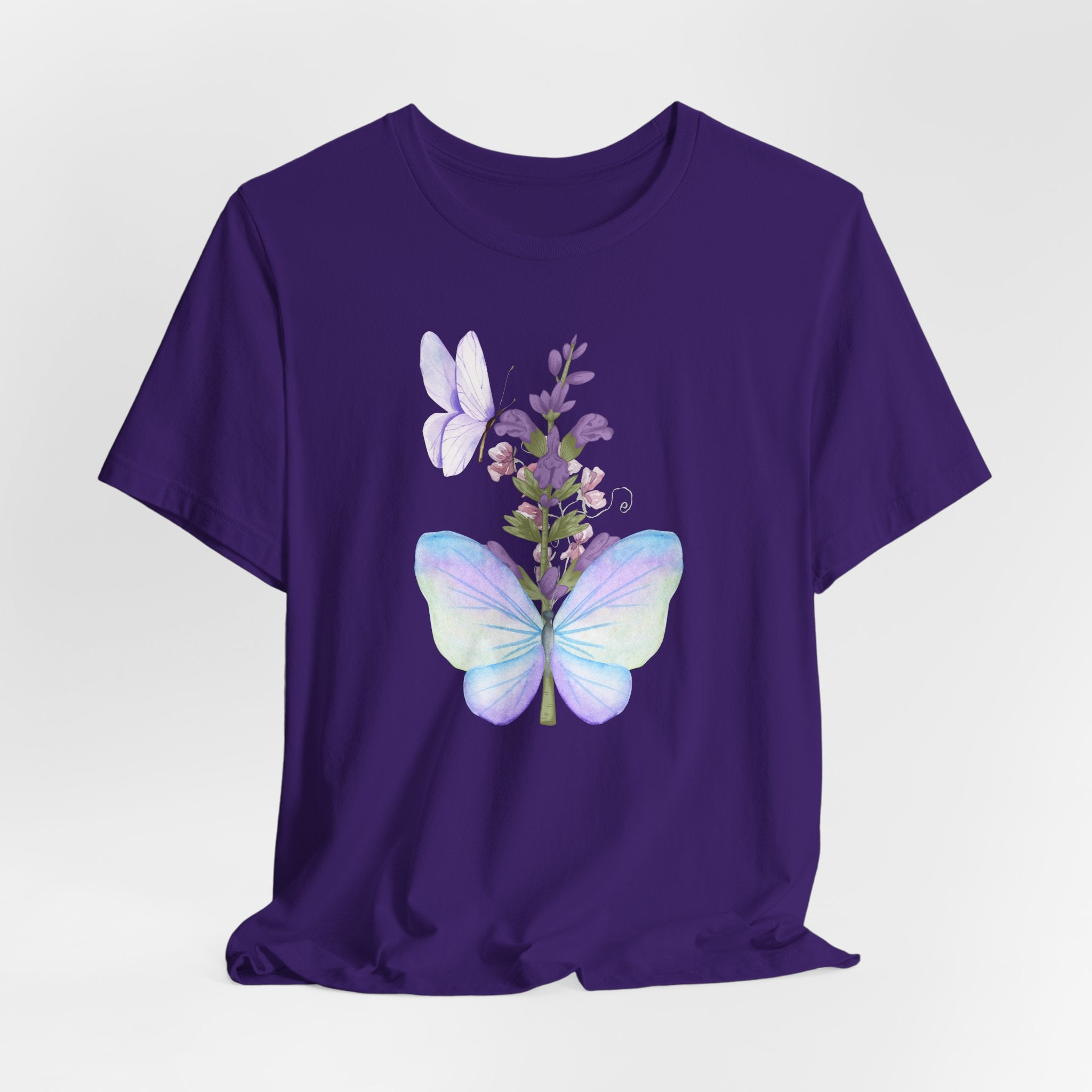 Purple t-shirt with butterfly and floral design on a white background