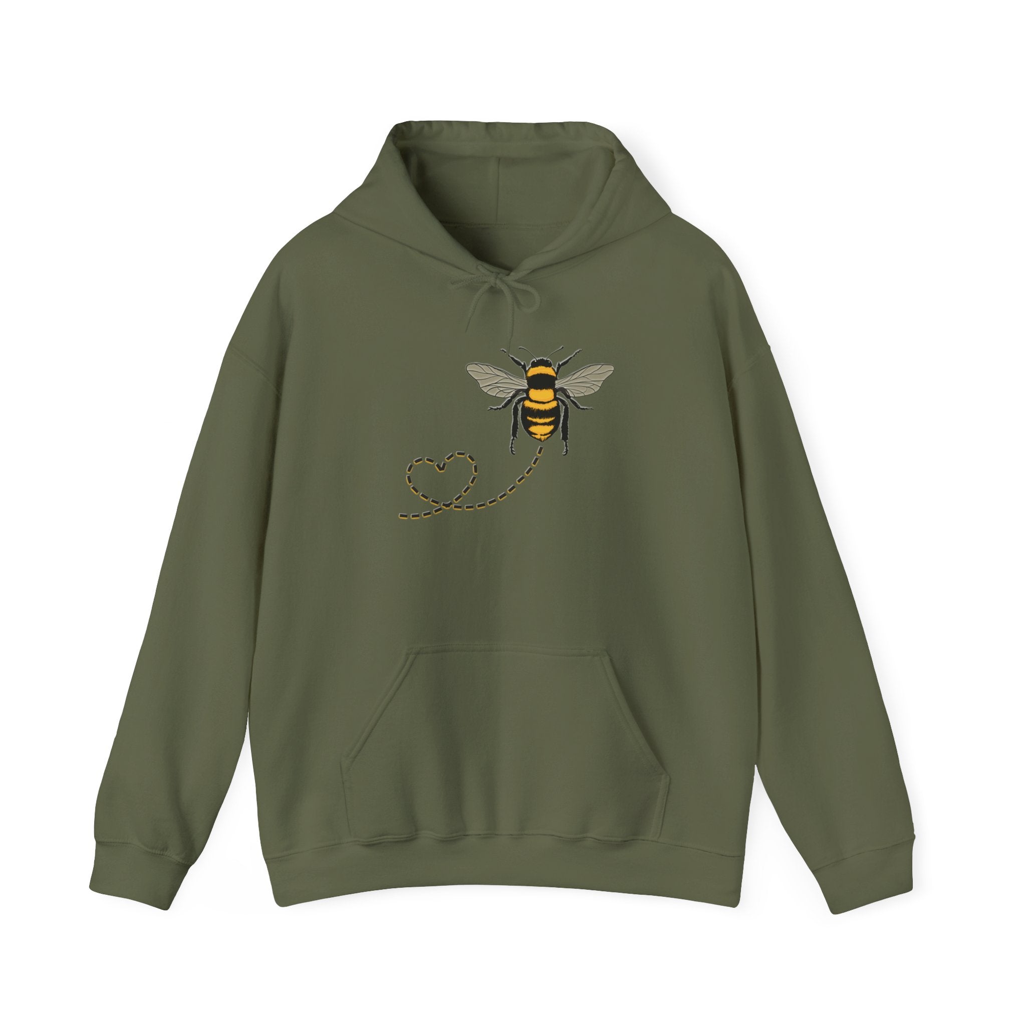 Military green hoodie with a bee and heart design on a white background