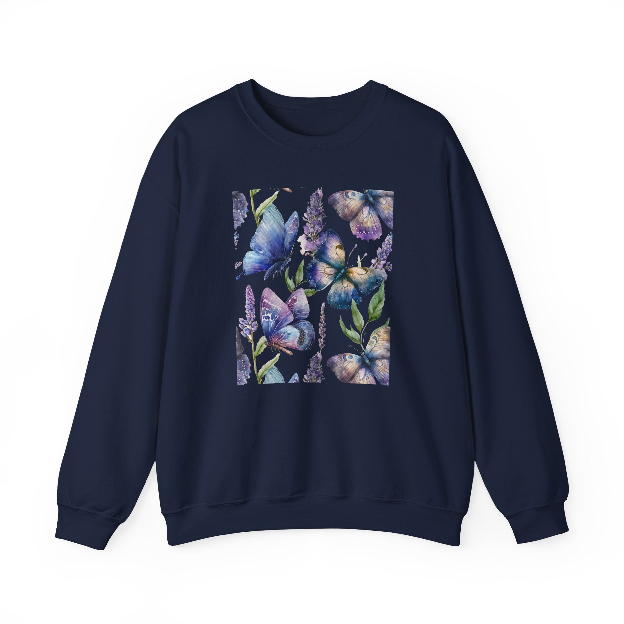Navy blue sweatshirt with floral design on a white background