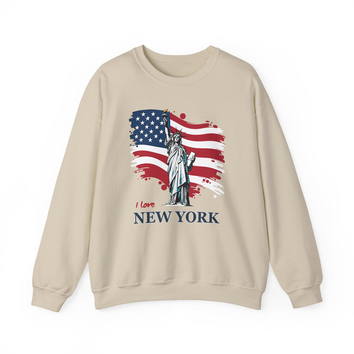 Beige sweatshirt with Statue of Liberty and American flag design on a white background